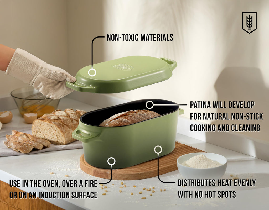 KooK Oval Dutch Oven, for Bread Baking, Sourdough Loaf Pan, Dual Handles, Enameled Cast Iron, with Sling, Dishwasher Safe, 3.4 Qt, Sage Ombre