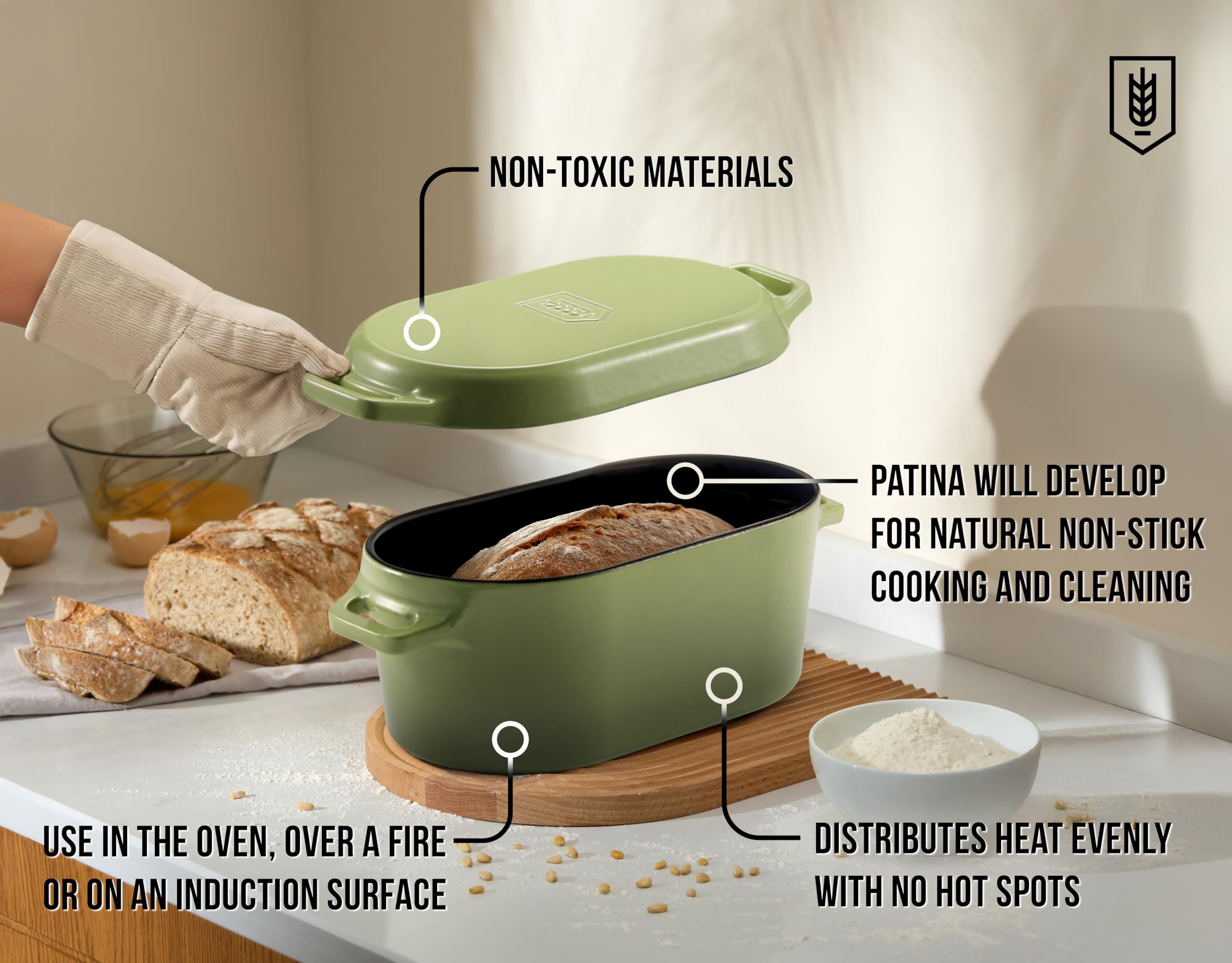 KooK Oval Dutch Oven, for Bread Baking, Sourdough Loaf Pan, Dual Handles, Enameled Cast Iron, with Sling, Dishwasher Safe, 3.4 Qt, Sage Ombre