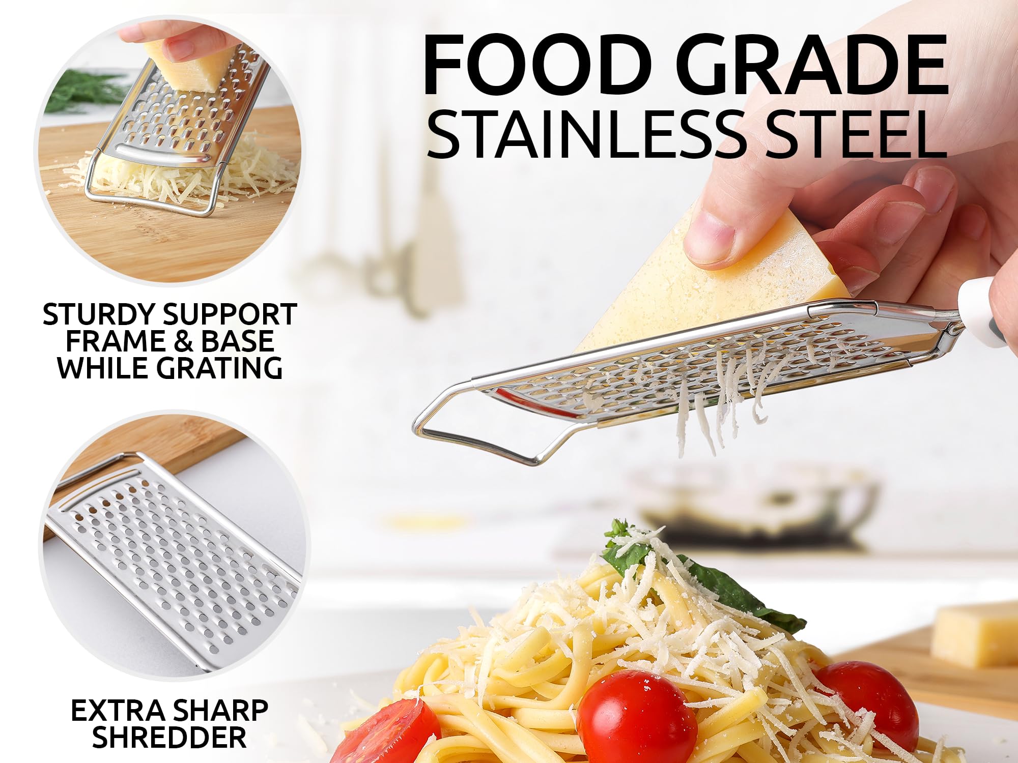 Zulay Kitchen Professional Cheese Grater Stainless Steel - Durable Rust-Proof Metal Lemon Zester Grater With Handle - Flat Handheld Grater For Cheese, Chocolate, Spices, And More - Grey