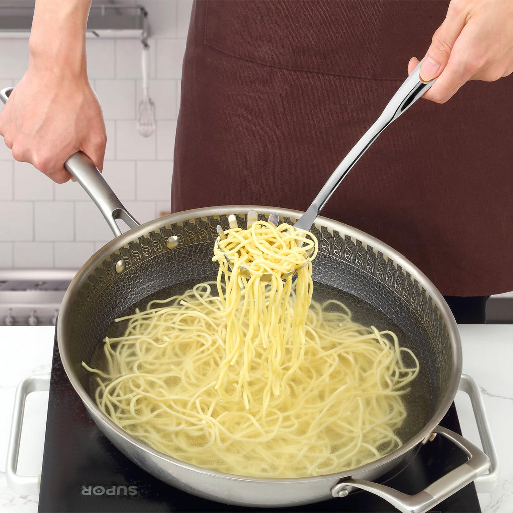 Pleafind Spaghetti Spoon and Spaghetti Tong 2-Piece Set, 13-Inch Non-Stick Spaghetti Fork and 11.4-Inch Kitchen Tong, Easy Storage and Cleanup, Ergonomic Design, Stainless Steel