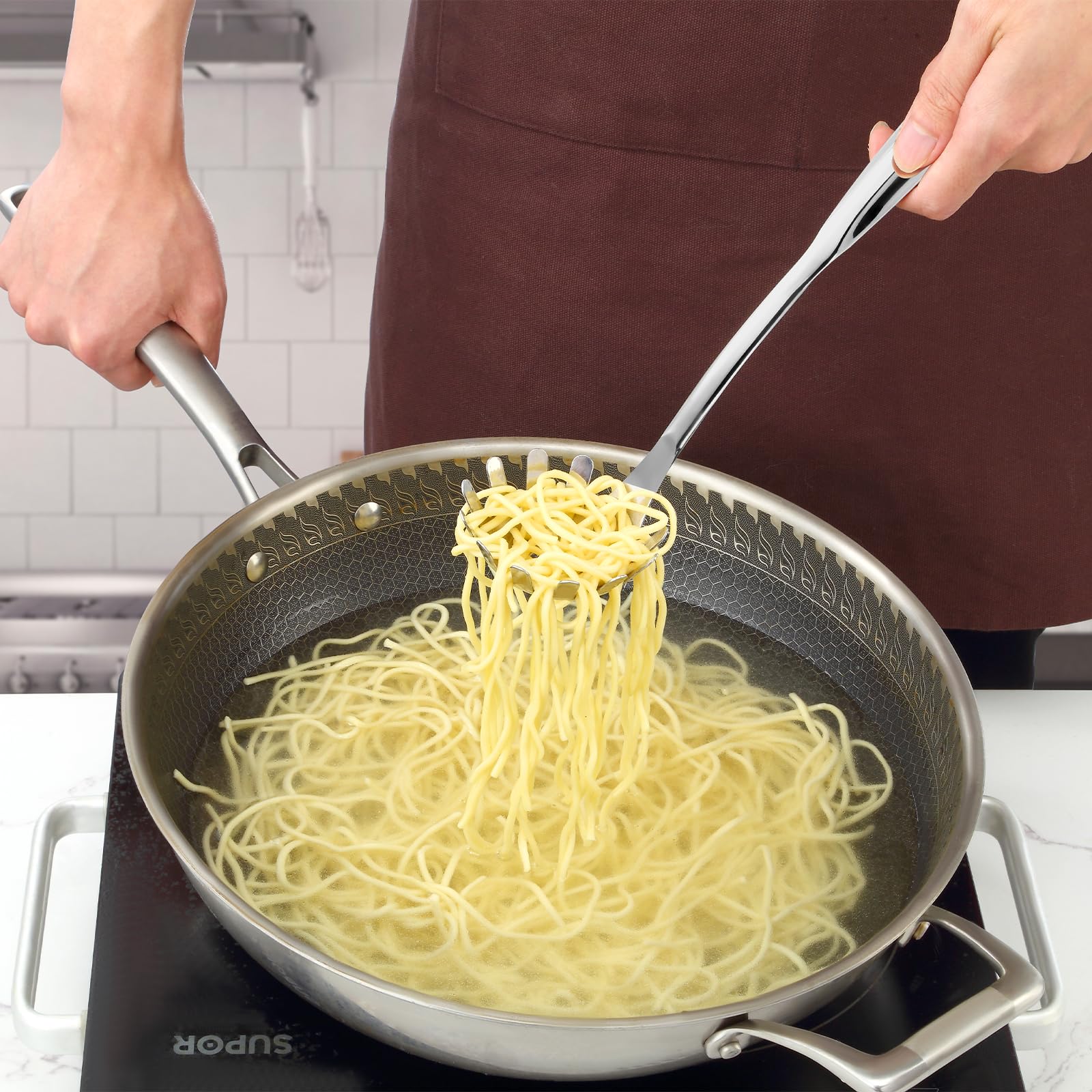 Pleafind Spaghetti Spoon and Spaghetti Tong 2-Piece Set, 13-Inch Non-Stick Spaghetti Fork and 11.4-Inch Kitchen Tong, Easy Storage and Cleanup, Ergonomic Design, Stainless Steel