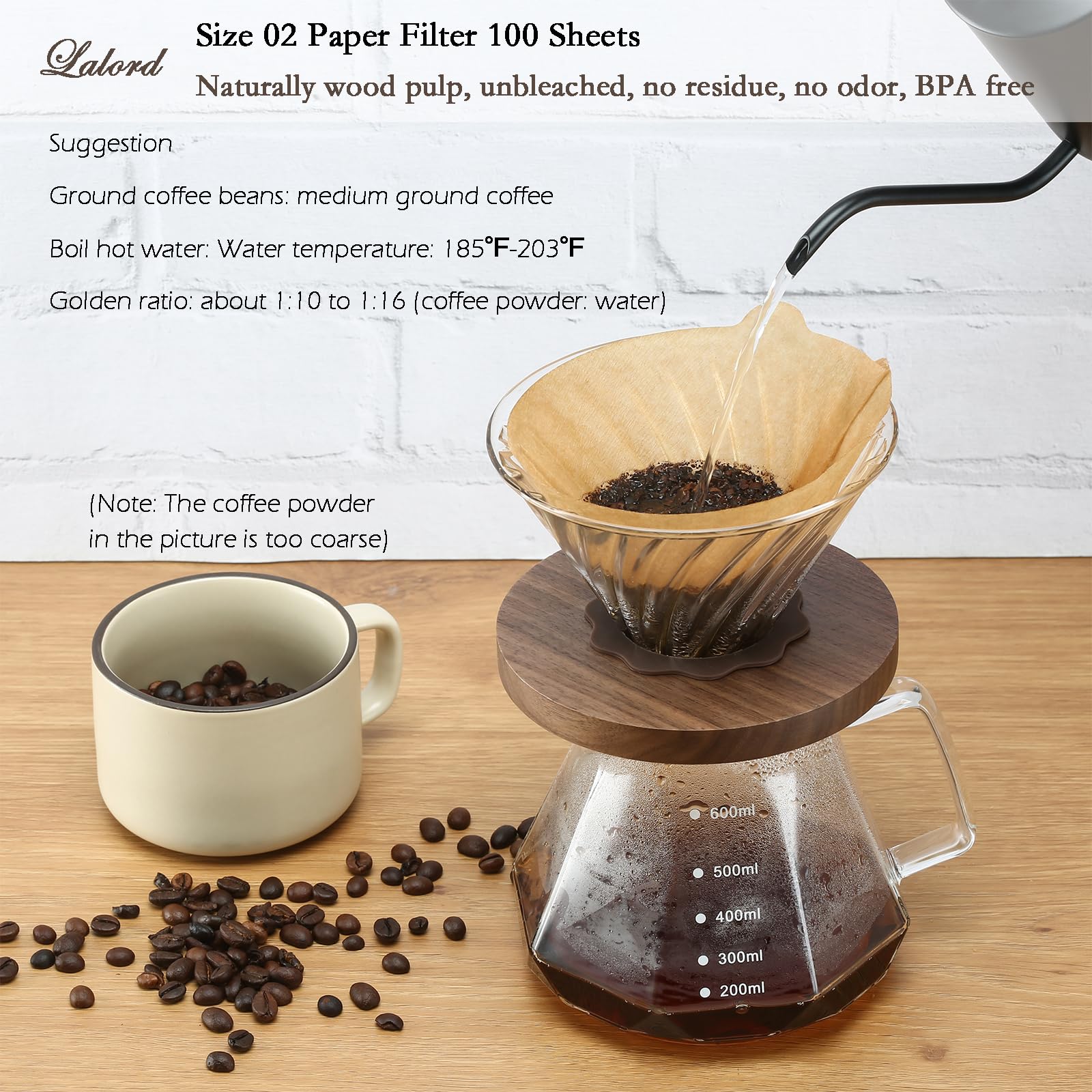 Lalord Pour Over Coffee Dripper with 100 pcs Size 02 Paper Filter, Walnut Handle and Borosilicate Glass, Glass Coffee Dripper, Hold for 1-4 Cups