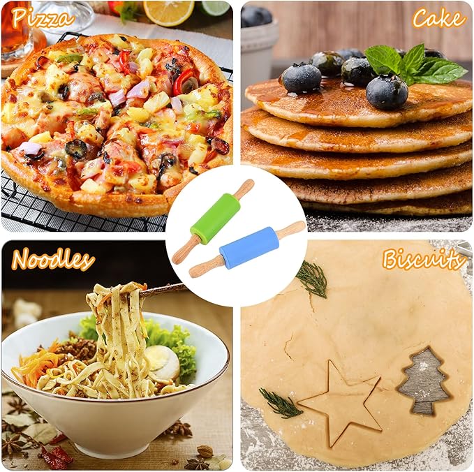 Mini Silicone Rolling Pin for Kids, Non-stick Surface Wood Handle, 9 Inch 4 Pack