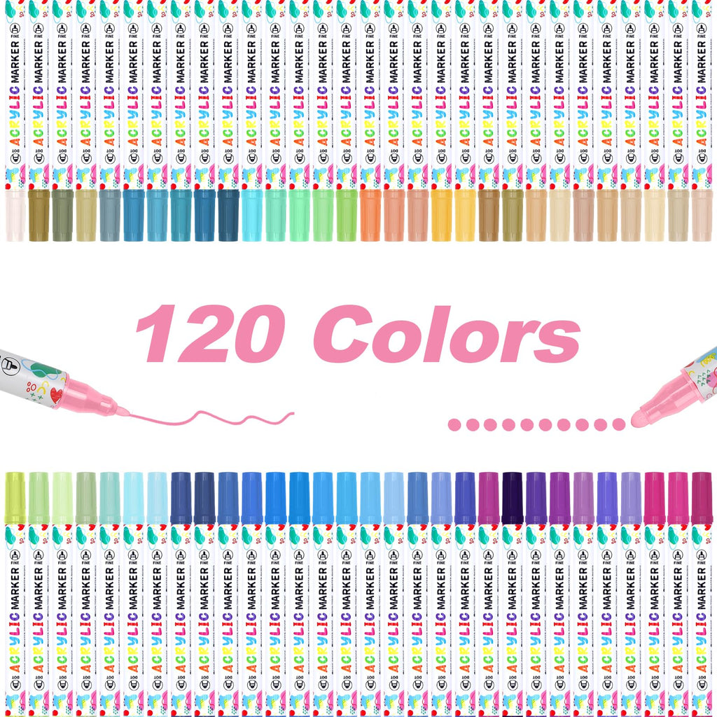 KEMYR 120 Colors Acrylic Paint Pens, Dual Tip Acrylic Paint Markers for Paper, Wood, Canvas, Stone, Rock Painting, Glass, Fabric, DIY, Ceramic, Art Supplies for Adults Drawing (Dot + Fine)