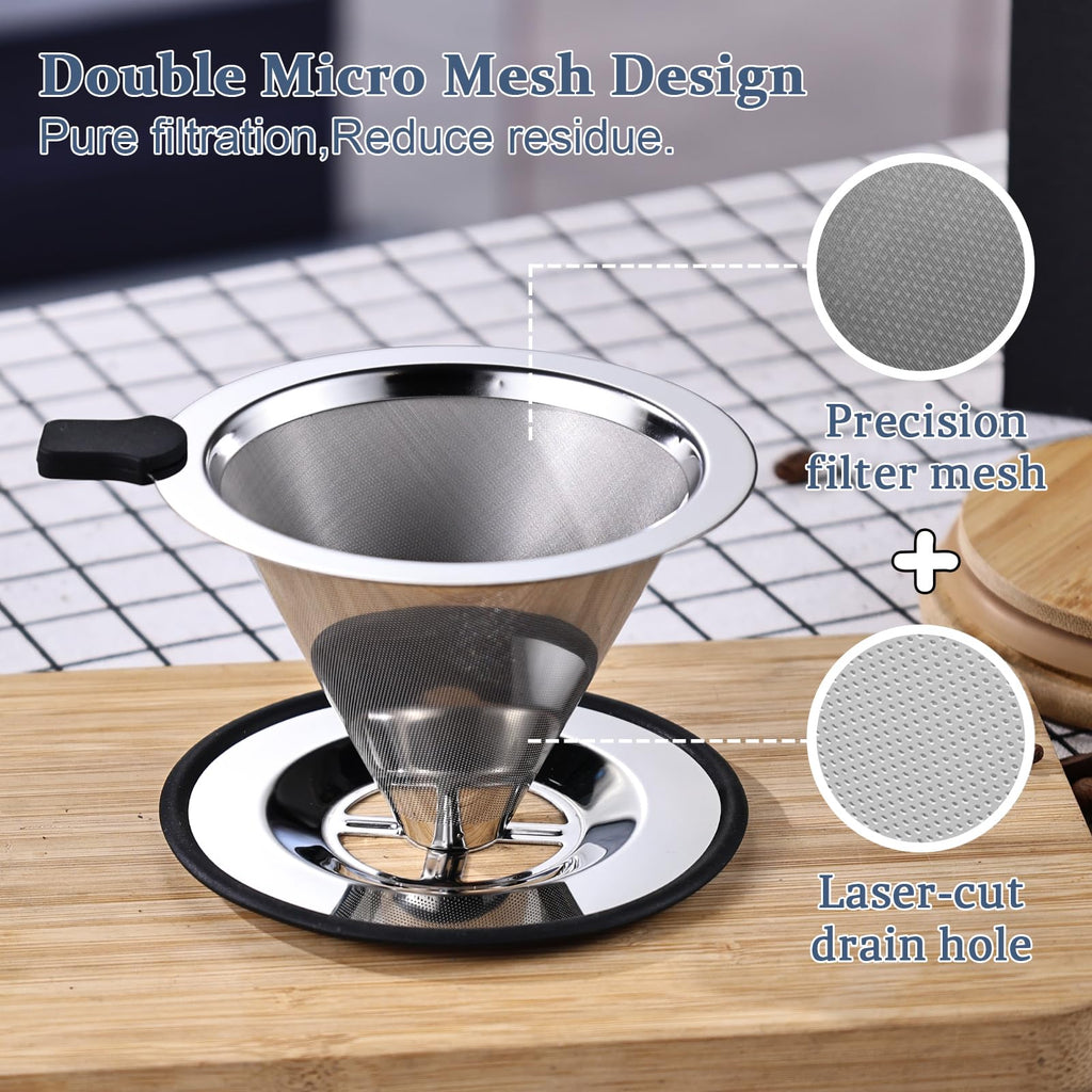 Pour Over Coffee Filter Dripper, Stainless Steel Metal Cone Coffee Filter