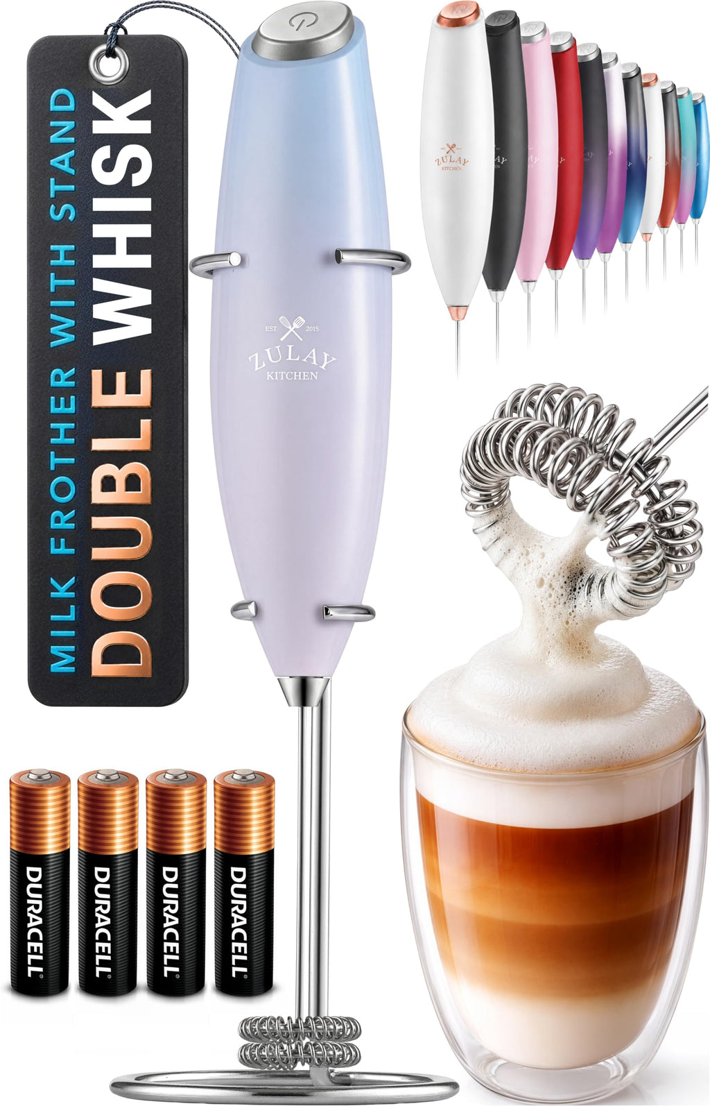 Zulay Kitchen Powerful Milk Frother Wand With Duracell Batteries - Ultra Fast Handheld Drink Mixer - Electric Whisk Foam Maker for Coffee, Lattes, Cappuccino & Matcha - Z1 Motor - Aqua
