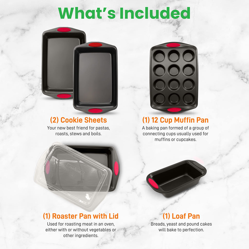 NutriChef 6-Piece Baking Pan Set - Carbon Steel Stackable Bakeware with Red Silicone Handles & Nonstick Coating, Includes Cookie Sheets, Roaster Pan with Lid, Loaf Pan, and 12 Cup Muffin Pan (Black)