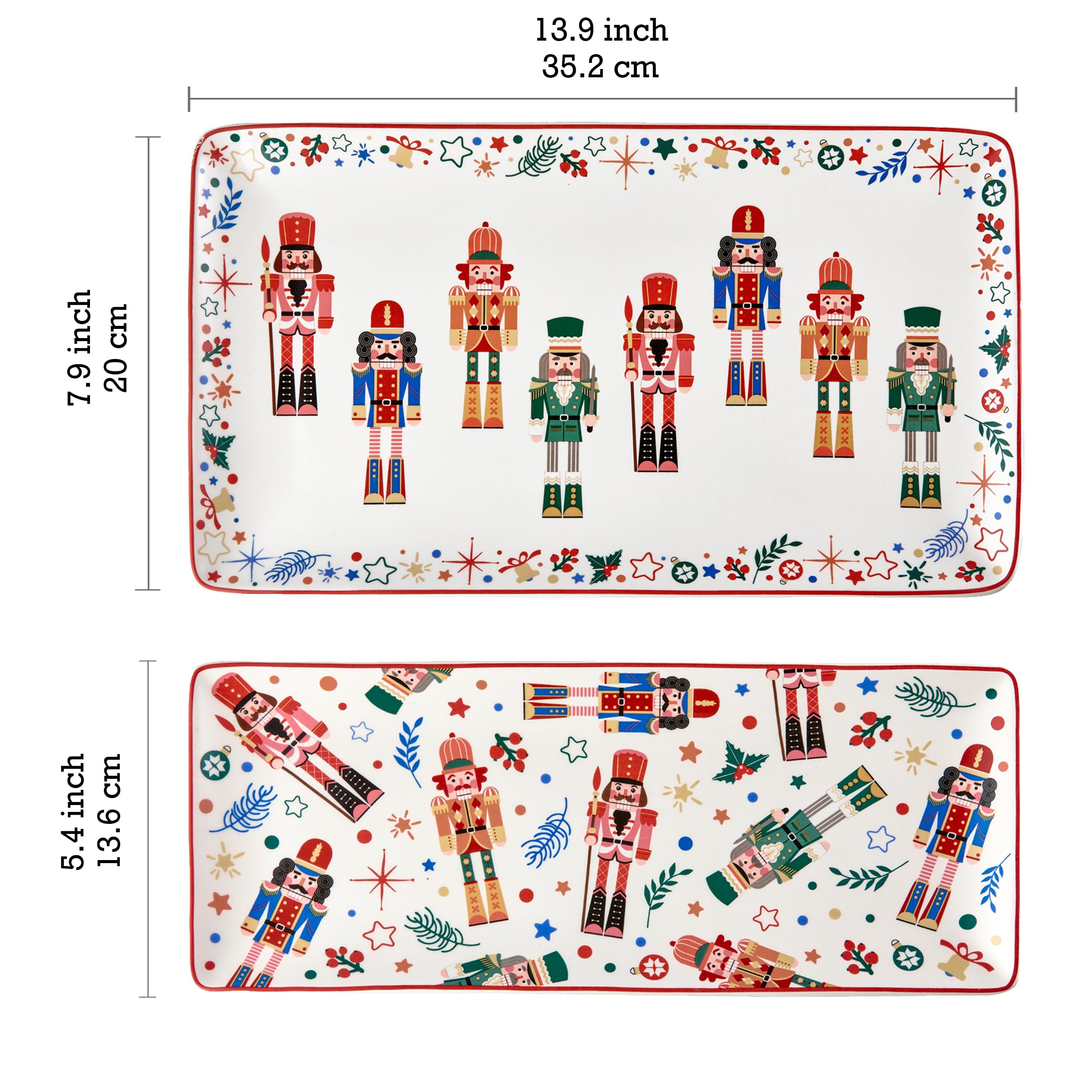 Bico Christmas Soldier Ceramic Rectangular Serving Platters Set of 2, 14 Inch, Microwave & Dishwasher Safe, Large and Medium Platters for Appetizers, Cheese, Salad, Pasta