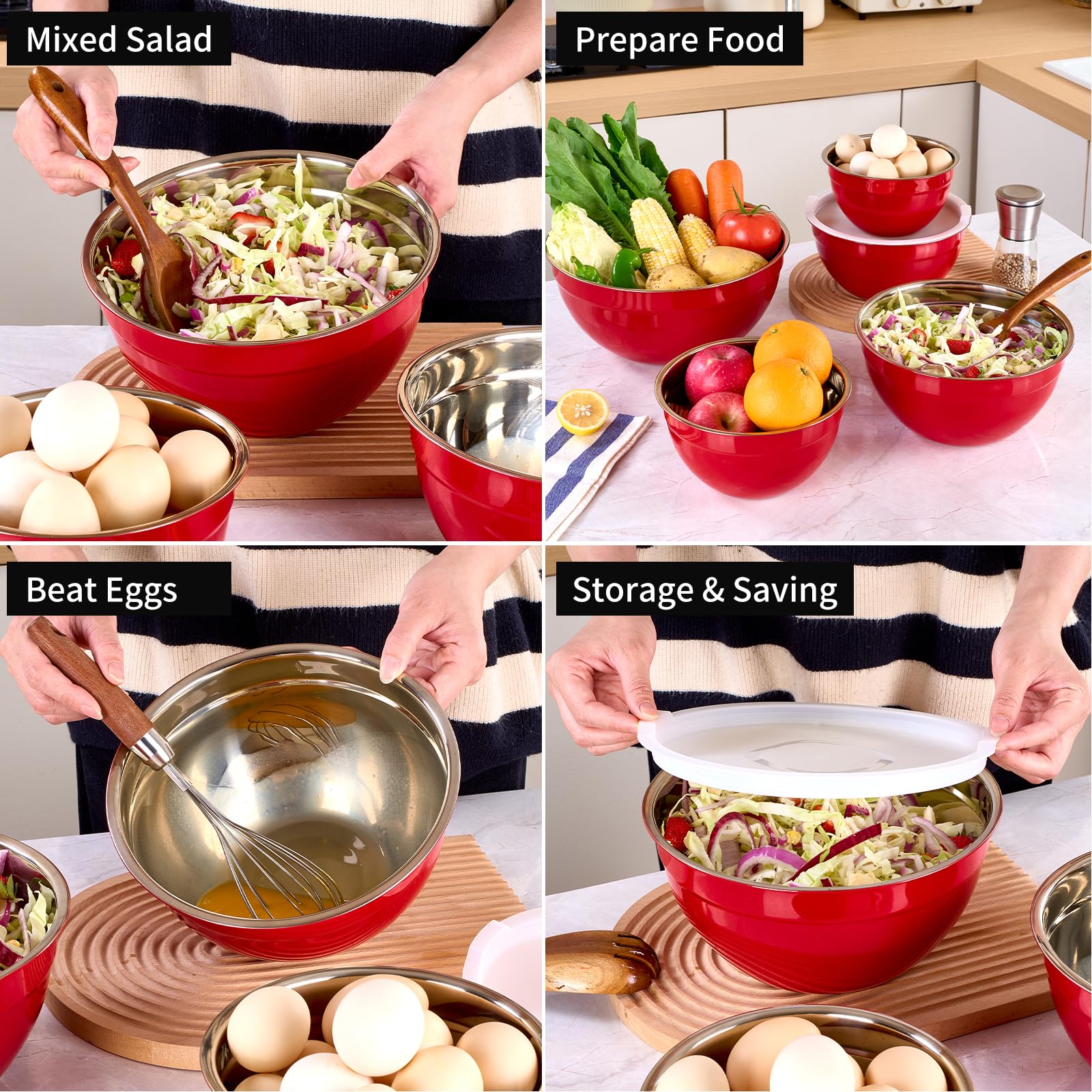 LKTDYMEG Red Mixing Bowls with Lids Set of 7, Stainless Steel Nesting Bowl with Khaki Lid for Non-slip Mixing Prepping Storing Serving, 7 Sizes-7/3.6/2.7/2.1/1.5/1/0.8 QT