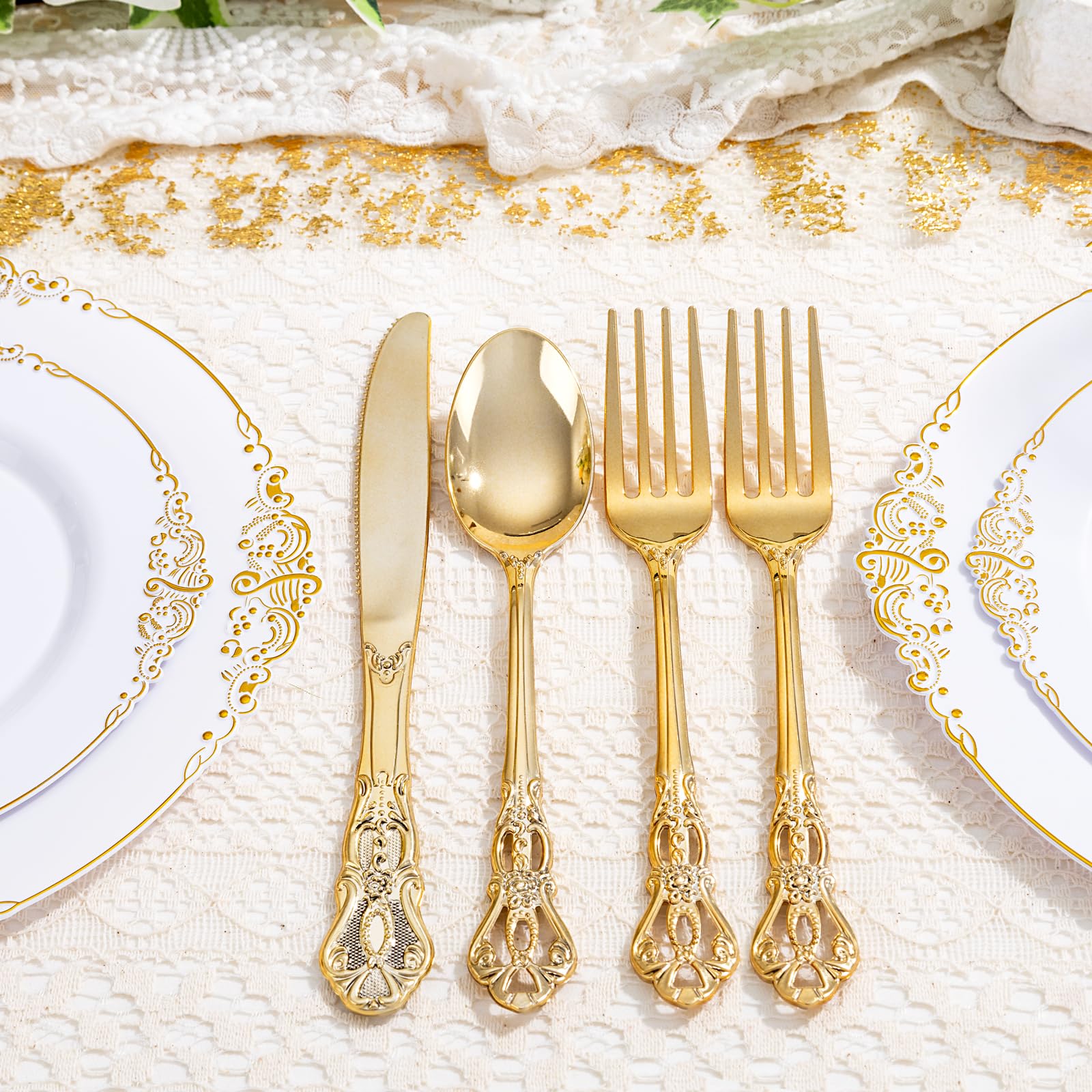 Joyido 40PCS Gold Plastic Silverware - Heavy Duty Elegant Disposable Utensils - Gold Plastic Cutlery Set Includes 20 Forks, 10 Spoons, 10 Knives for Dinner, Parties, Weddings