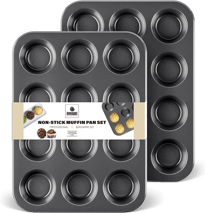 HONGBAKE Muffin Pan for Baking, Nonstick Cupcake Tin 12 Cup, 2 Pack Cup Cake Tray, Premium Cheesecake Pans, Dishwasher Safe - Dark Grey