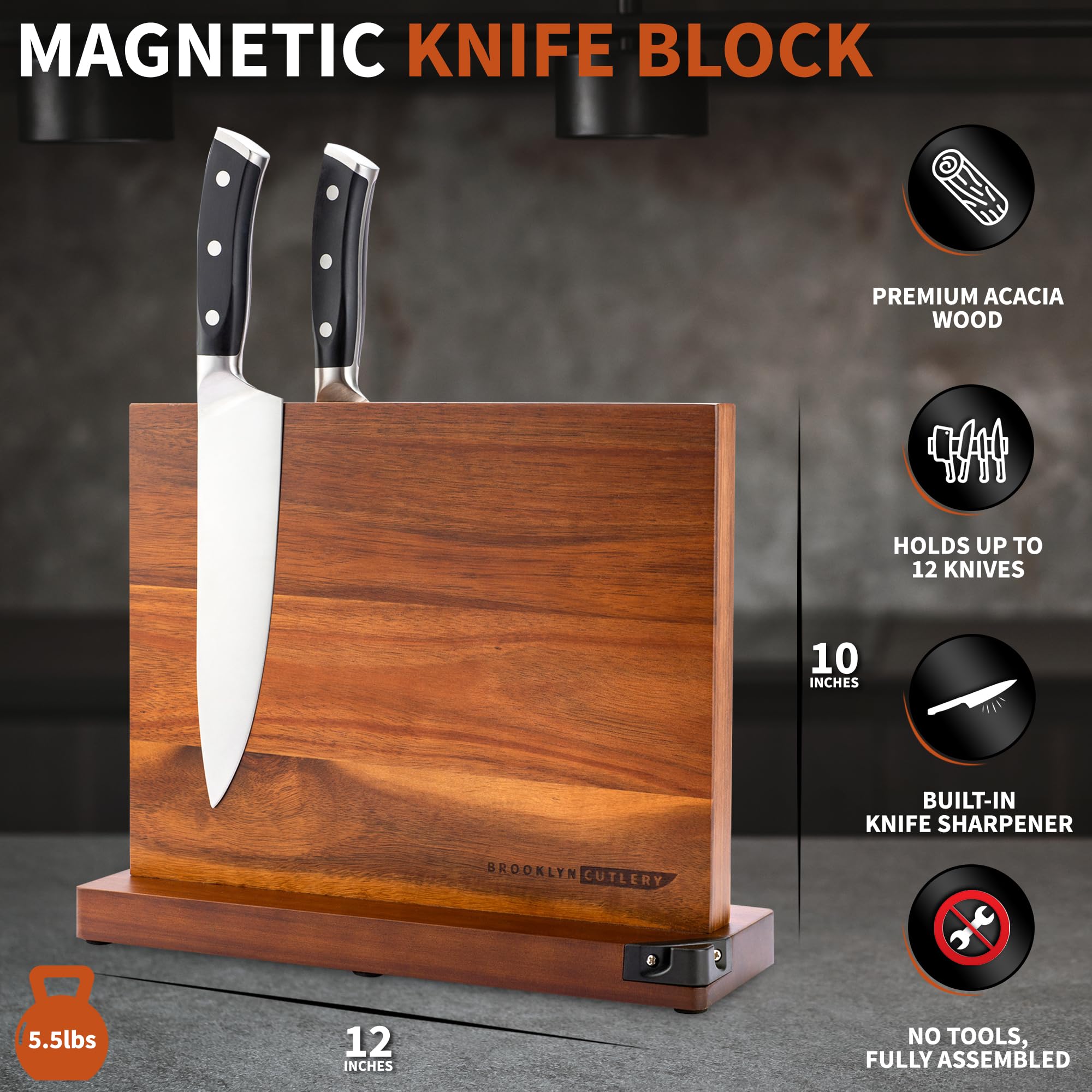 BROOKLYN CUTLERY Magnetic Knife Block, Acacia Wood Magnetic Knife Holder for Kitchen Counter Universal Knife Block Without Knives (12 x 10 With Sharpener)