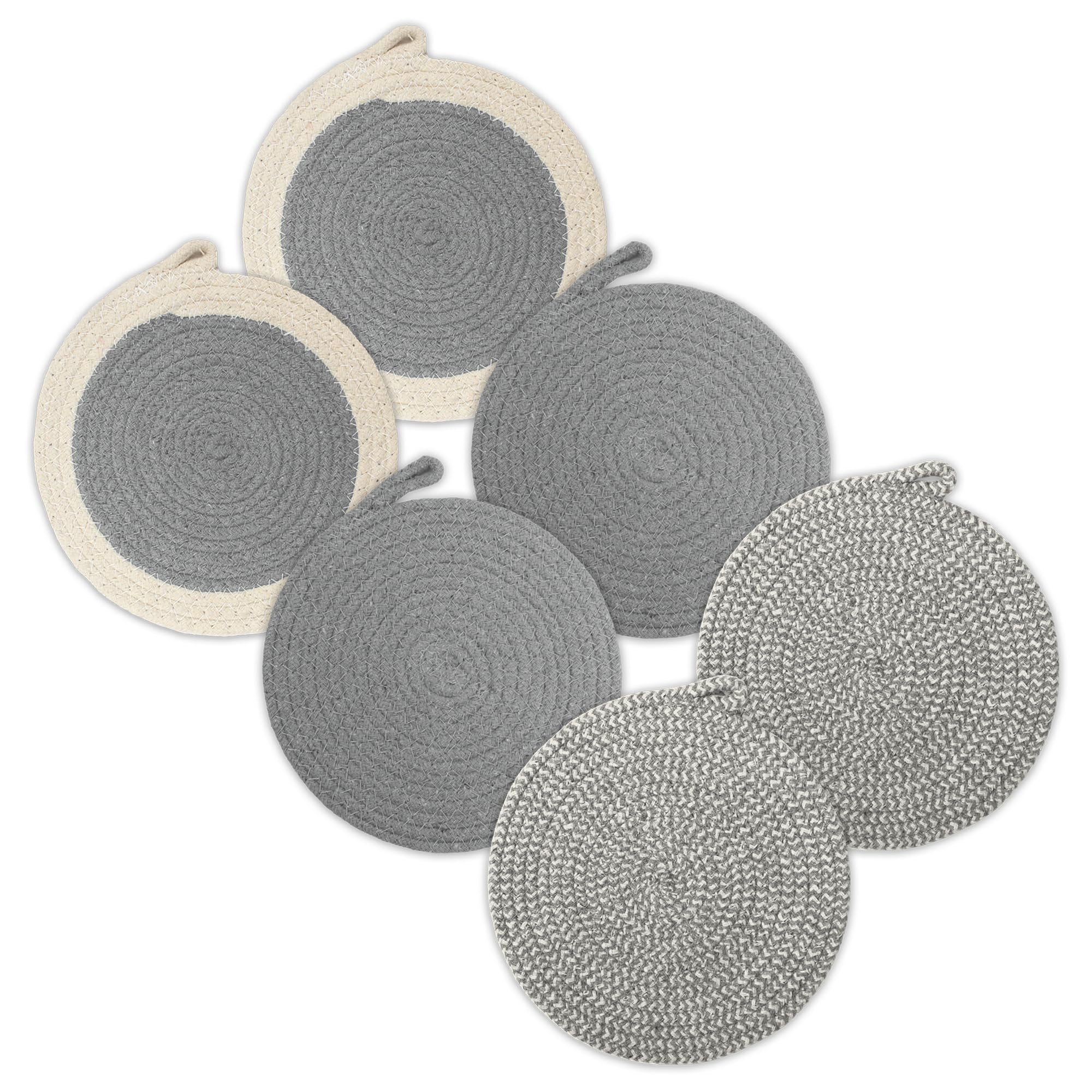 Encasa XO Round Trivet Mats for Hot Dishes with Hanging Loop | Grey Combo - Set of 6 with 7 inch Diameter | Cotton Round Thick Heat Resistant Pot Holders | Use Hot Pads Plate Mats for Hot Pots & Pans