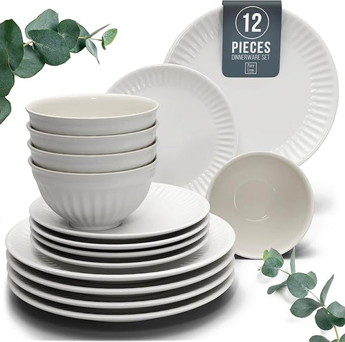 12 Piece Stoneware Dinnerware Set for 4, Handmade Plates and Bowls Set