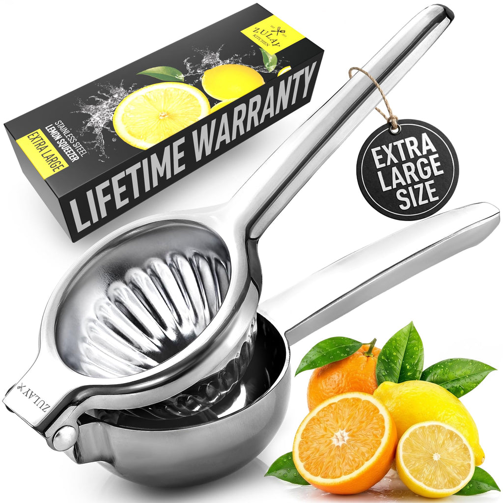 Zulay Kitchen Extra Large Lemon Squeezer Stainless Steel - Easy Squeeze Heavy Duty Lemon Juicer Hand Press - Ergonomic Citrus Squeezer & Fruit Juicer for Small Oranges, Lemons, & Limes - Silver