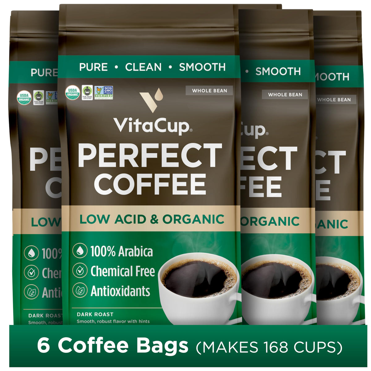 VitaCup Perfect Low Acid USDA Organic Coffee Beans, Fair Trade, 11oz