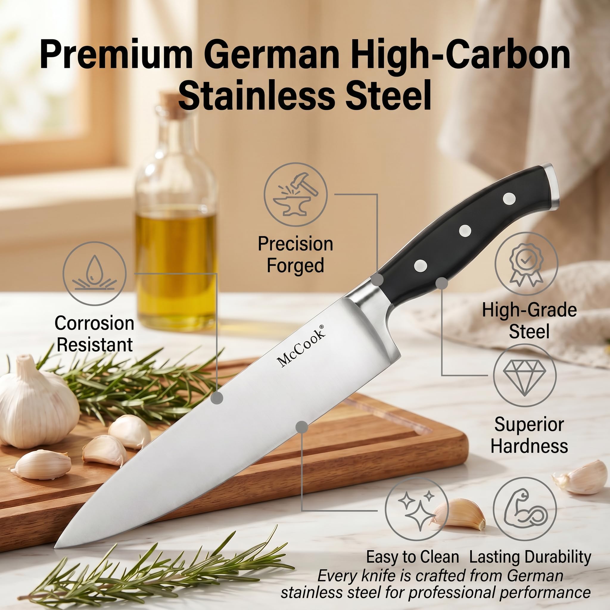 McCook Knife Set Sharp Kitchen Knife Block Set w Built-in Sharpener