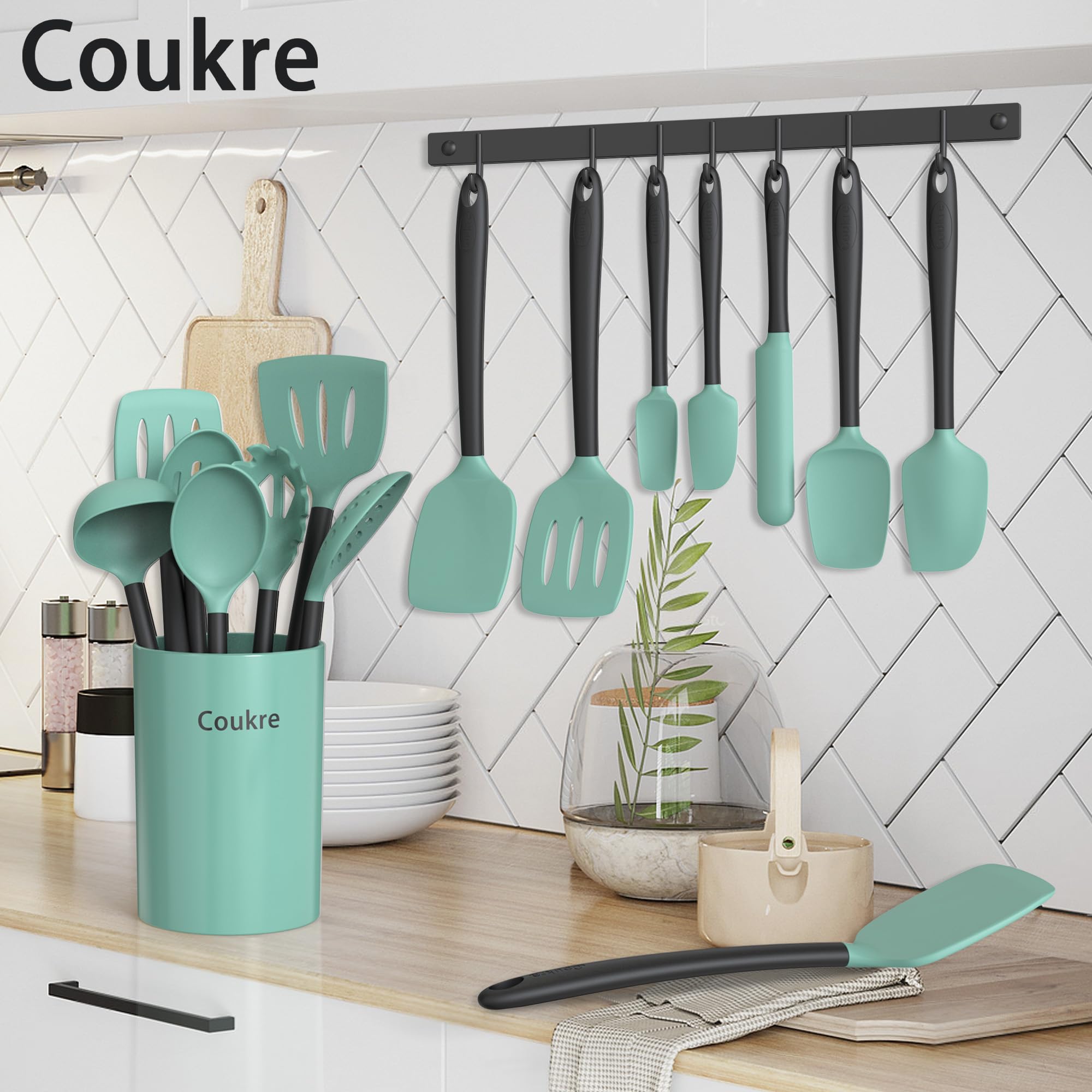 Coukre Silicone Kitchen Cooking Utensils Set, Heat Resistant, 14-Piece