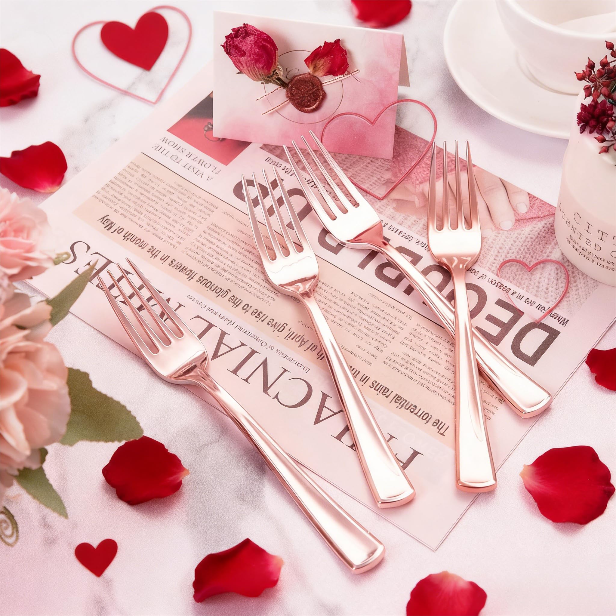 Liacere 200 Pack Rose Gold Forks Disposable - 7.4 inch Heavy Duty Plastic Forks - Heavyweight Plastic Fork - Rose Gold Silverware for Catering, Parties, Dinners, Wedding＆Mother's Day＆Valentine's Day