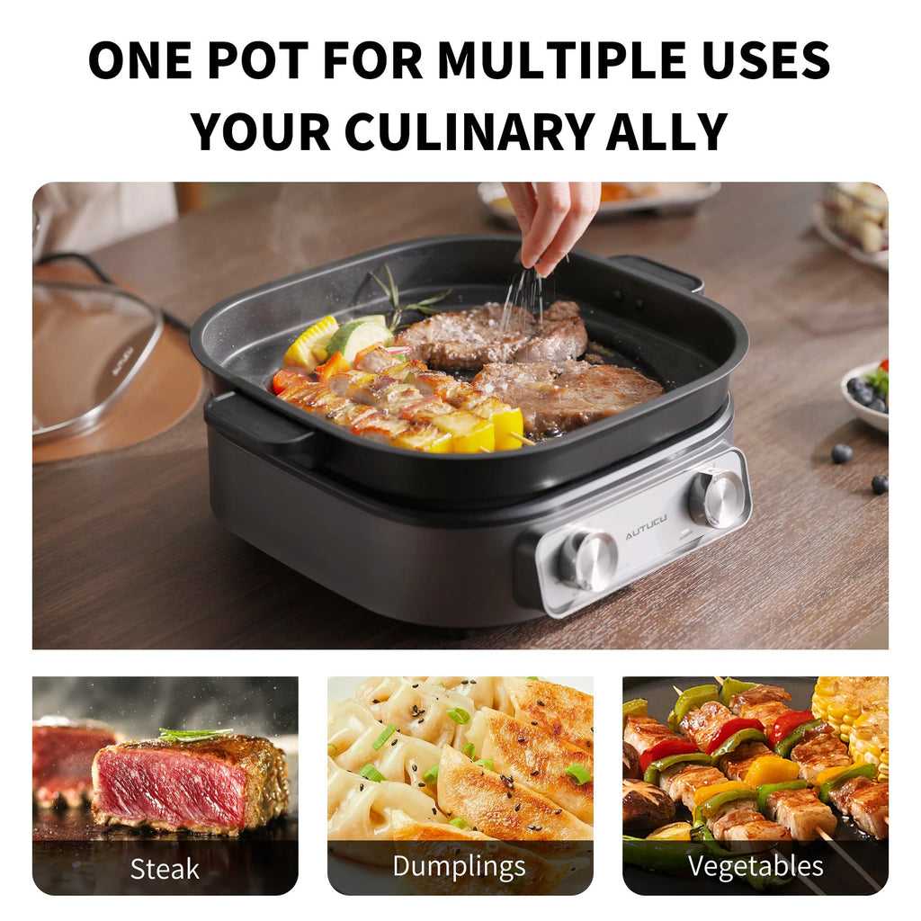 6-Quart Electric Skillet with Grill | Non-Stick PFOA-Free Ceramic-Coated Pot, 1600W, Timer & 3 Power Settings for Steak, Egg, Ramen (Includes Tongs) Pot & Grill