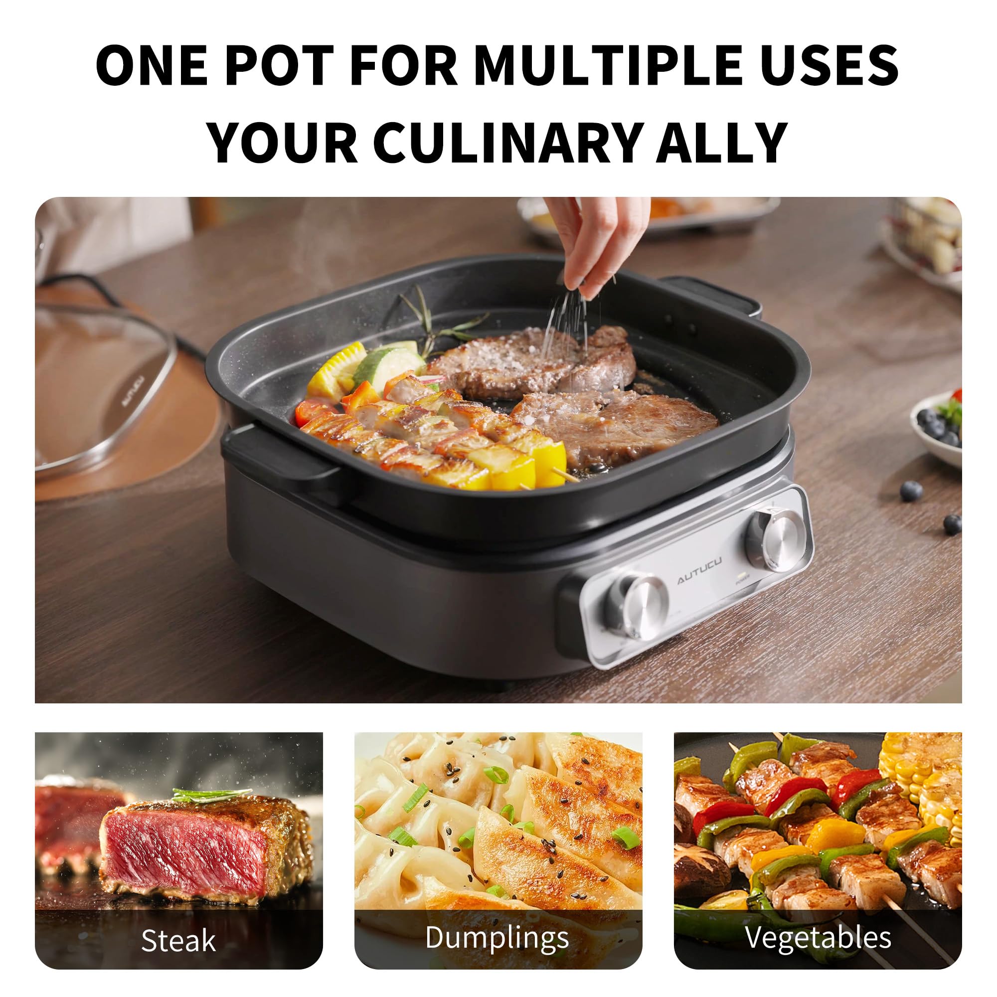 6-Quart Electric Skillet with Grill | Non-Stick PFOA-Free Ceramic-Coated Pot, 1600W, Timer & 3 Power Settings for Steak, Egg, Ramen (Includes Tongs) Pot & Grill