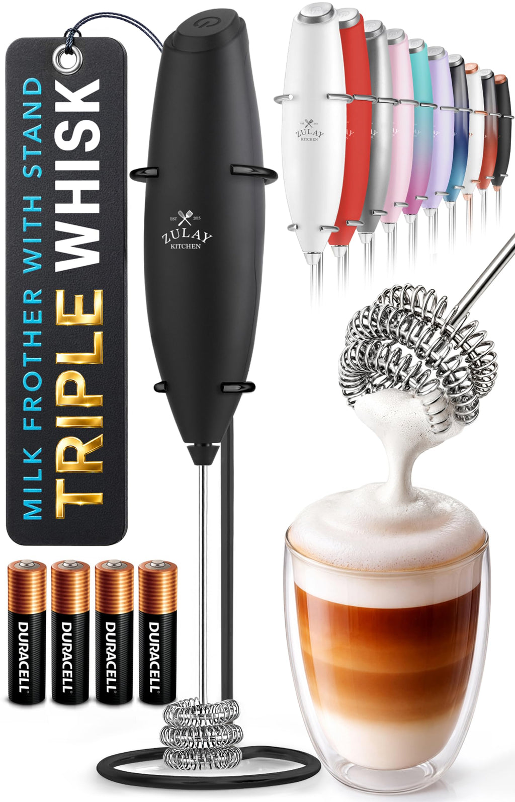 Zulay Kitchen Powerful Milk Frother Wand With Duracell Batteries - Ultra Fast Handheld Drink Mixer - Electric Whisk Foam Maker for Coffee, Lattes, Cappuccino & Matcha - Z1 Motor - Aqua