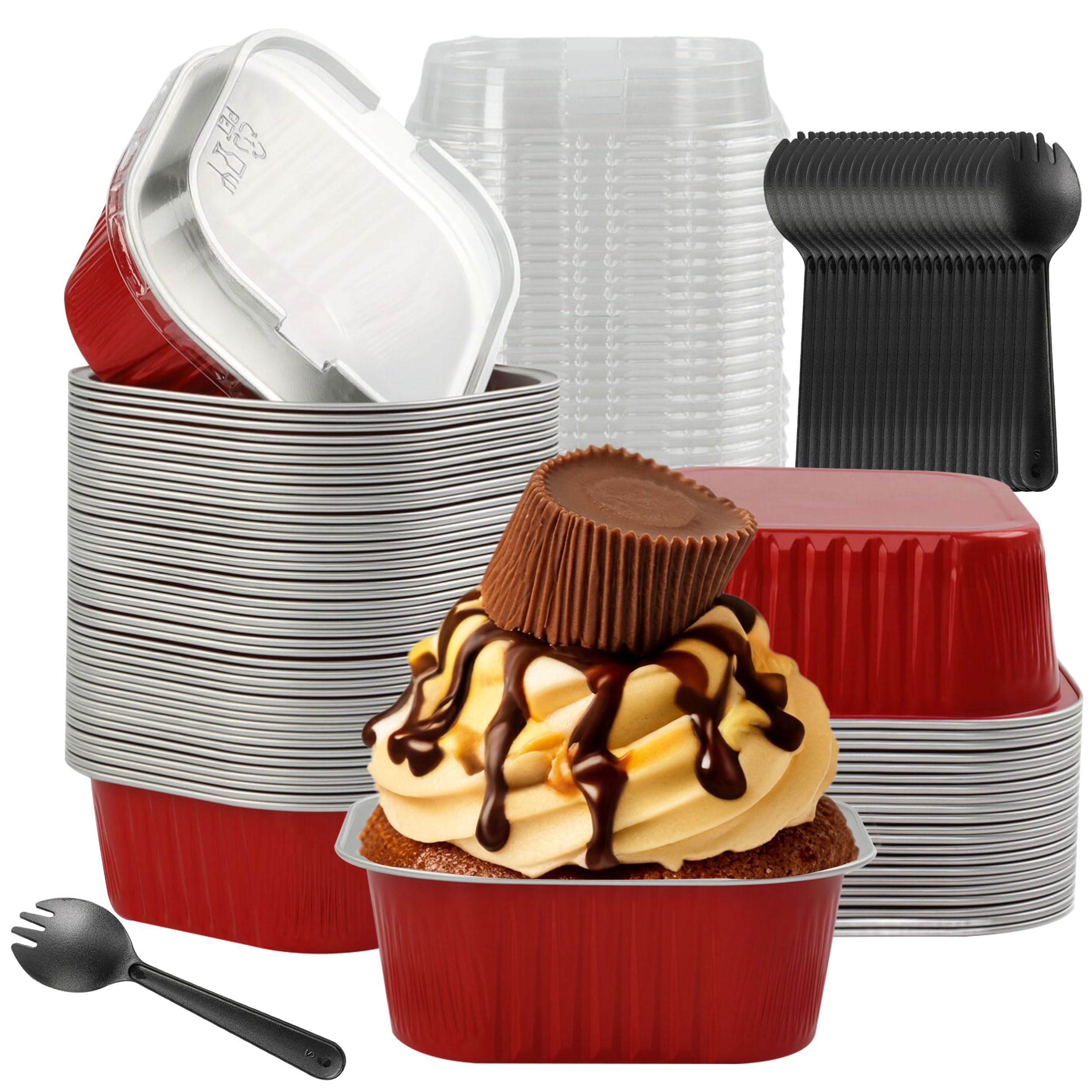 BAKINGPAK Baking Cups With Lids, 30PCS 10oz Square Mini Cake Pans With Lids Disposable Cupcake Containers Individual Cake Pans with Lids Mini Aluminum Pans with Lids for Christmas Party Birthday, Red