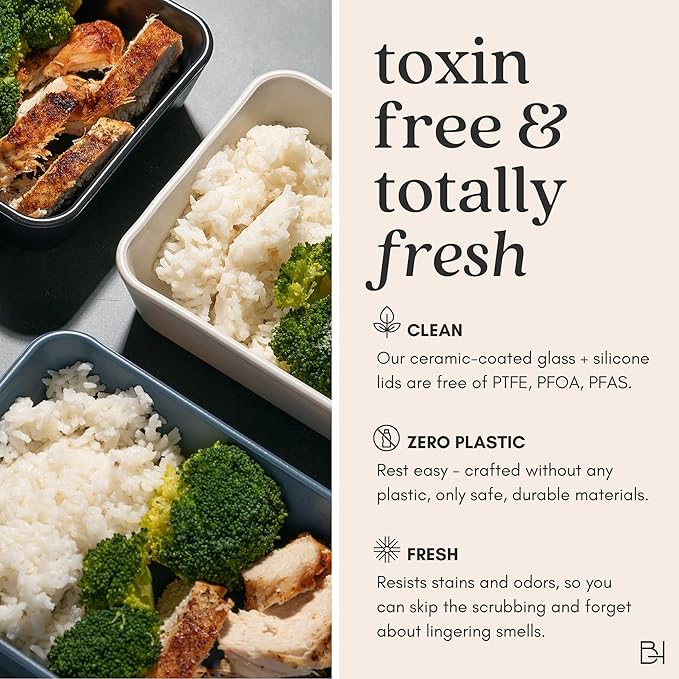 Ceramic Coated Glass Food Storage Container | No PTFE, PFOA, PFAS, and BPA | Reusable Non Toxic Meal Prep Container with Glass Lid | Easy To Store | 11 Cup Rectangle [Dusk]