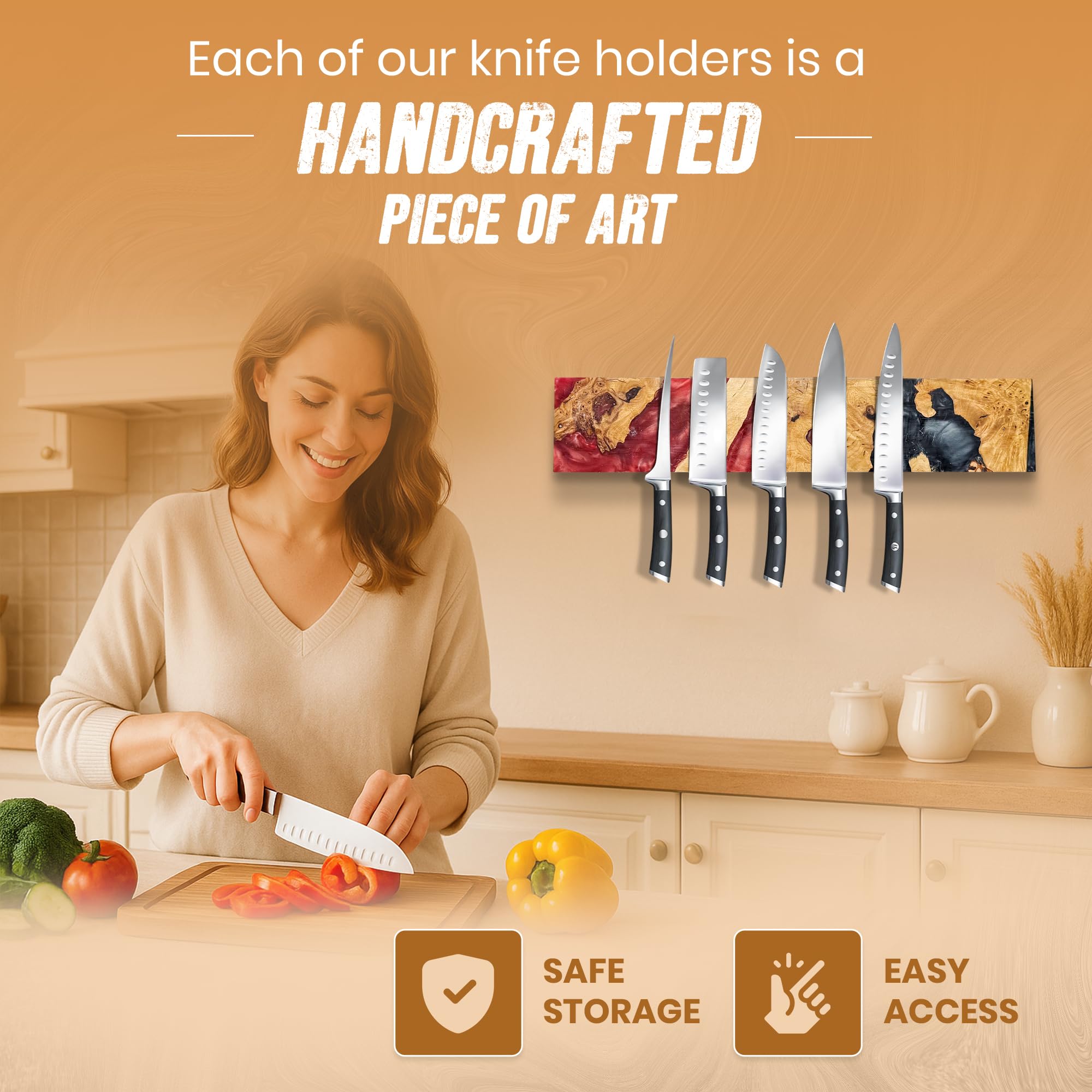 Magnetic Knife Holder for Wall 16 Inch |Premium Wood & Red and Grey Resin| Epoxy Knife Magnetic Strip, Kitchen Knife Block Holder with Strong Magnet, Space-Saving, Handcrafted Style & Easy to Install