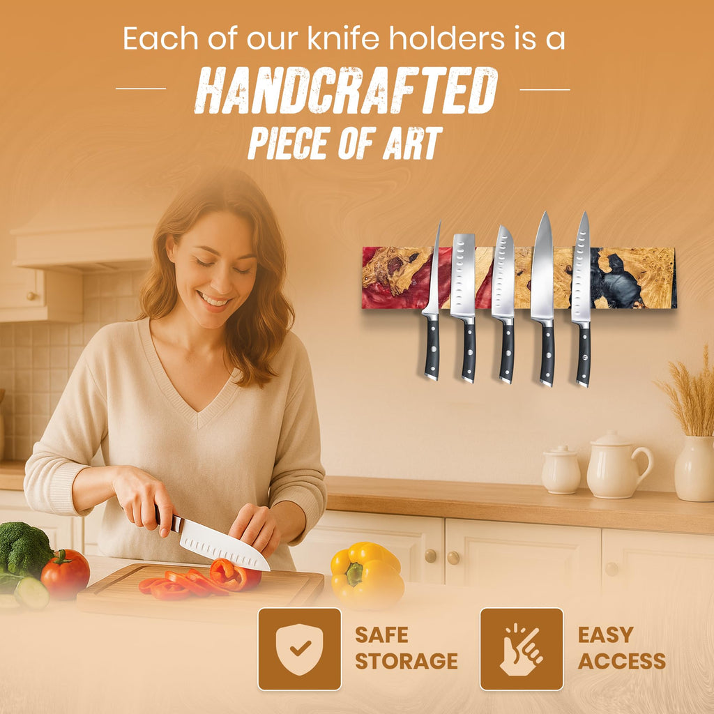 Magnetic Knife Holder for Wall 16 Inch |Premium Wood & Red and Grey Resin| Epoxy Knife Magnetic Strip, Kitchen Knife Block Holder with Strong Magnet, Space-Saving, Handcrafted Style & Easy to Install