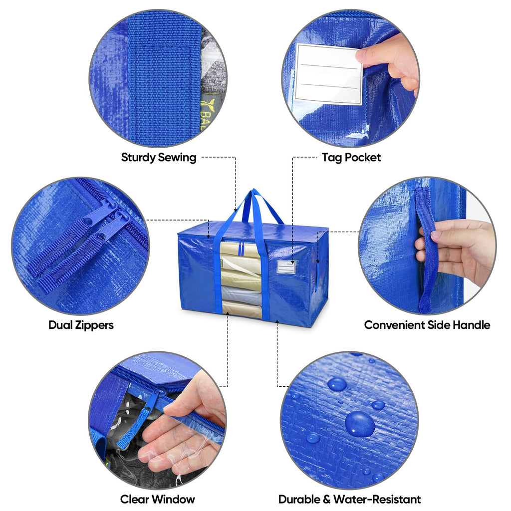 BALEINE 2-Pack Oversized Moving Bags with Reinforced Handles, Heavy-Duty Storage Tote Moving Supplies for Packaging, Camping (Blue w/Window, 2-Pack)