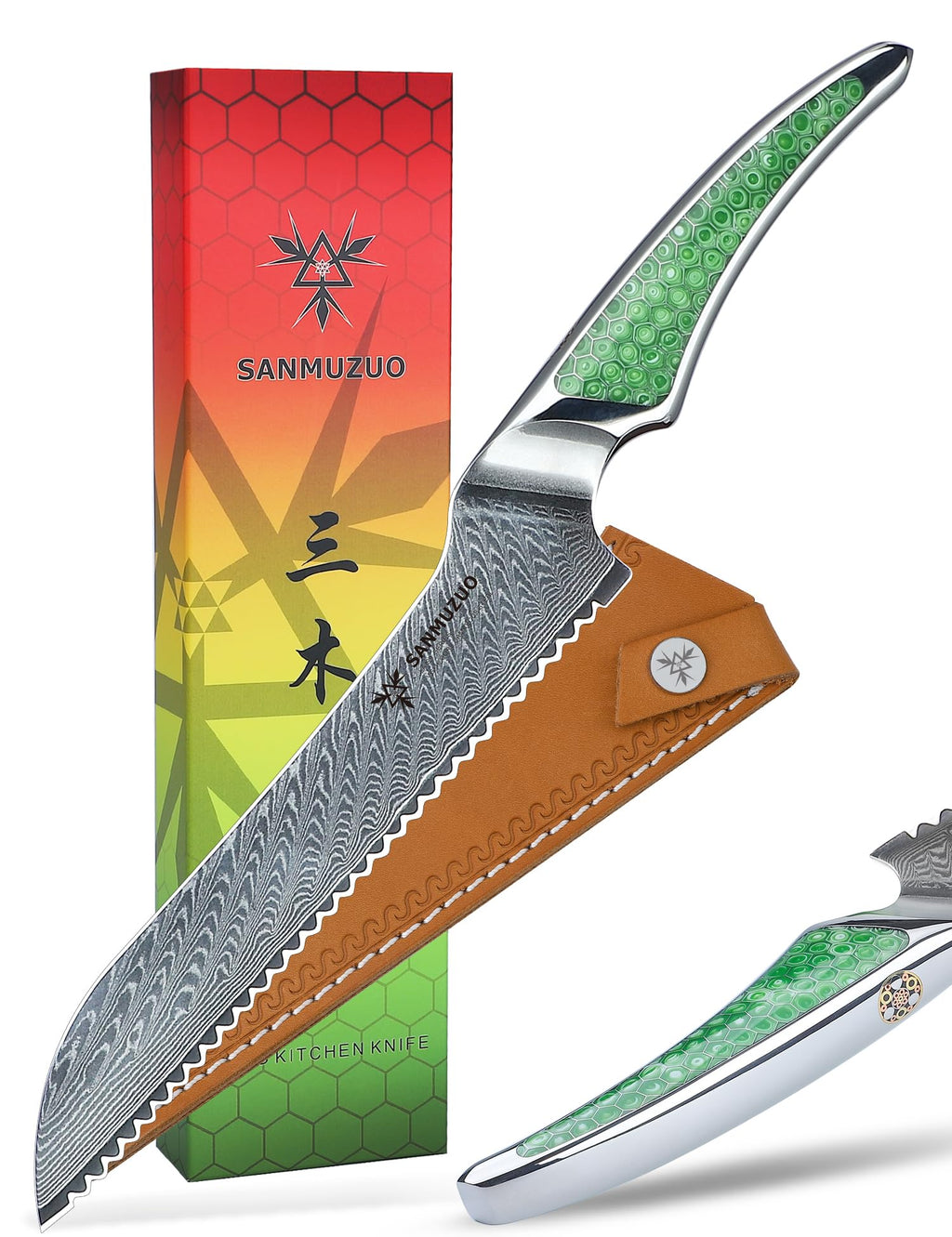 SANMUZUO 7 inch Nakiri Knife, Japanese VG-10 Damascus Steel Meat Cleaver, Ultra Sharp Vegetable Knife with Full-tang Handle in Green Resin, LA-S9 Series