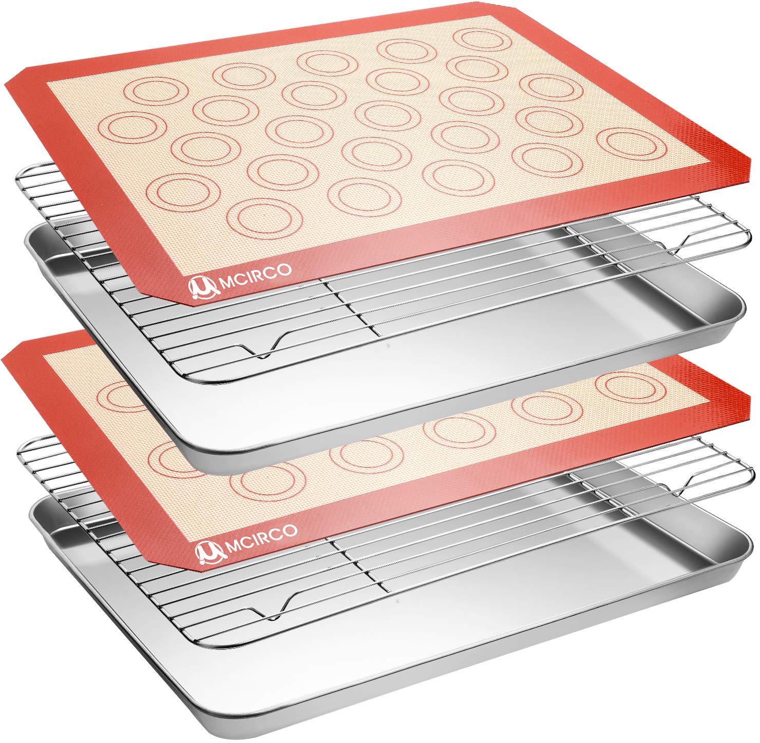MCIRCO 6 Piece Stainless Steel Baking Sheet with Rack with Silicone Baking Mat Set (2 Pans + 2 Racks + 2 Mats), 17.3 x 13 x 1 Inch Cookie Sheet with Cooling Rack, Easy Clean
