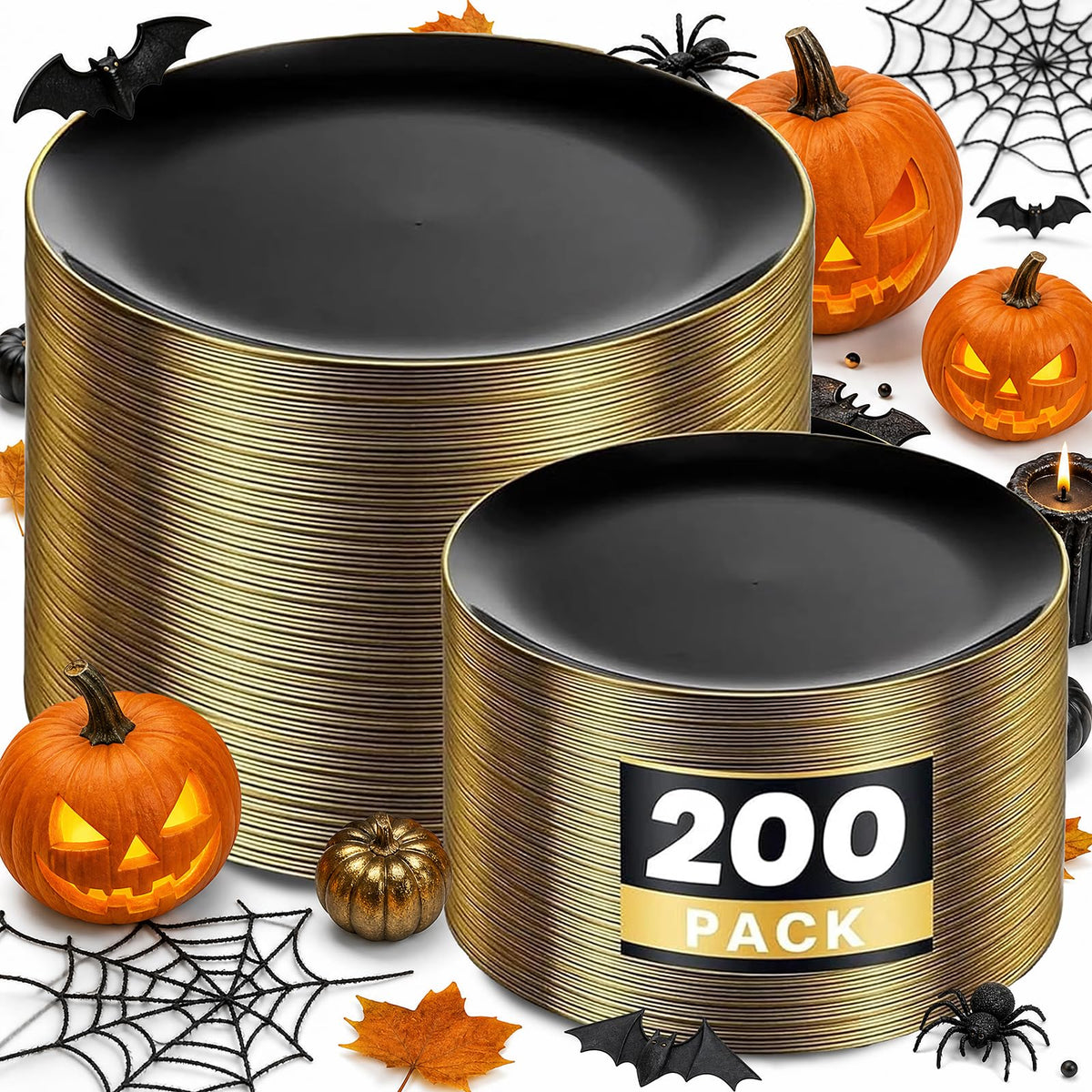 KIRE 60PCS Black Plastic Plates - Black Disposable Plates with Gold Rim - Include 30Pcs 10.25inch for Dinner and 30Pcs 7.5inch for Dessert for Wedding/Graduation/Party/Halloween