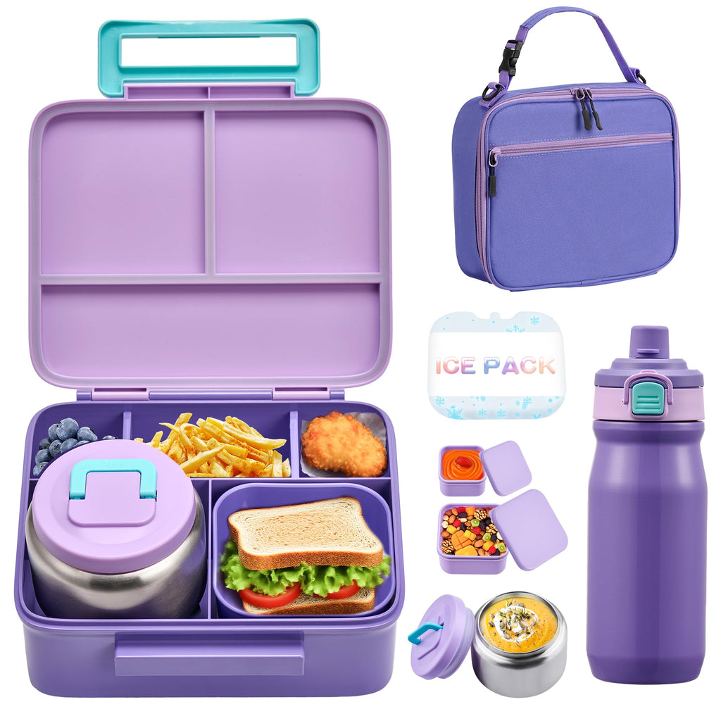 MAISON HUIS Bento Box for Kids with 8oz Soup Thermo, Leak-proof Lunch Food Containers with 5 Compartment, Insulated Lunch Bag & 17oz Stainless Steel Water Bottle for School, Trvael