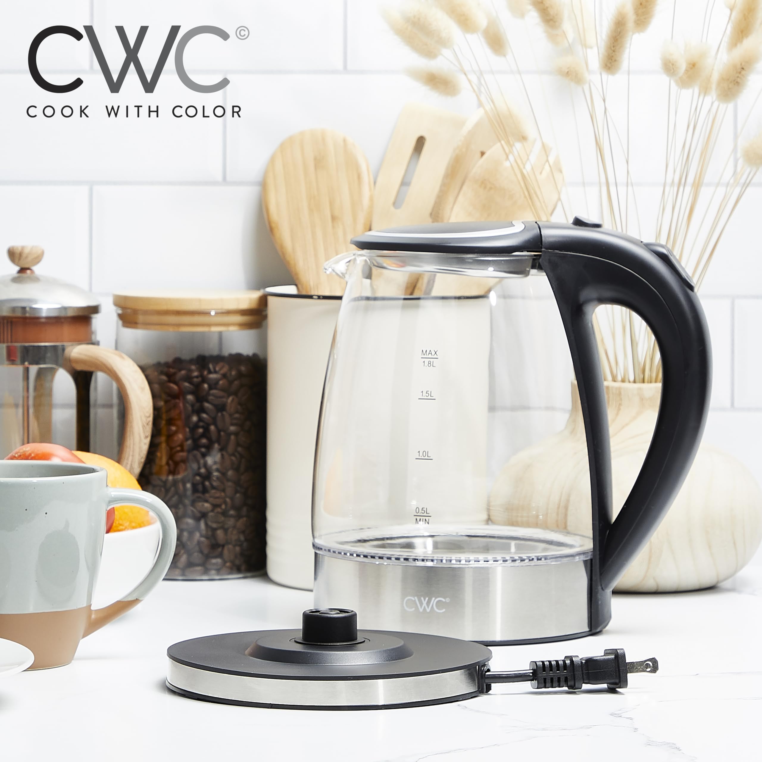 COOK WITH COLOR Electric Tea Kettle, 1.8L Cordless Hot Water Boiler, 1200W Rapid Boil, Auto Shutoff & Boil Dry Protection, BPA-Free, Sleek Countertop Design, Black