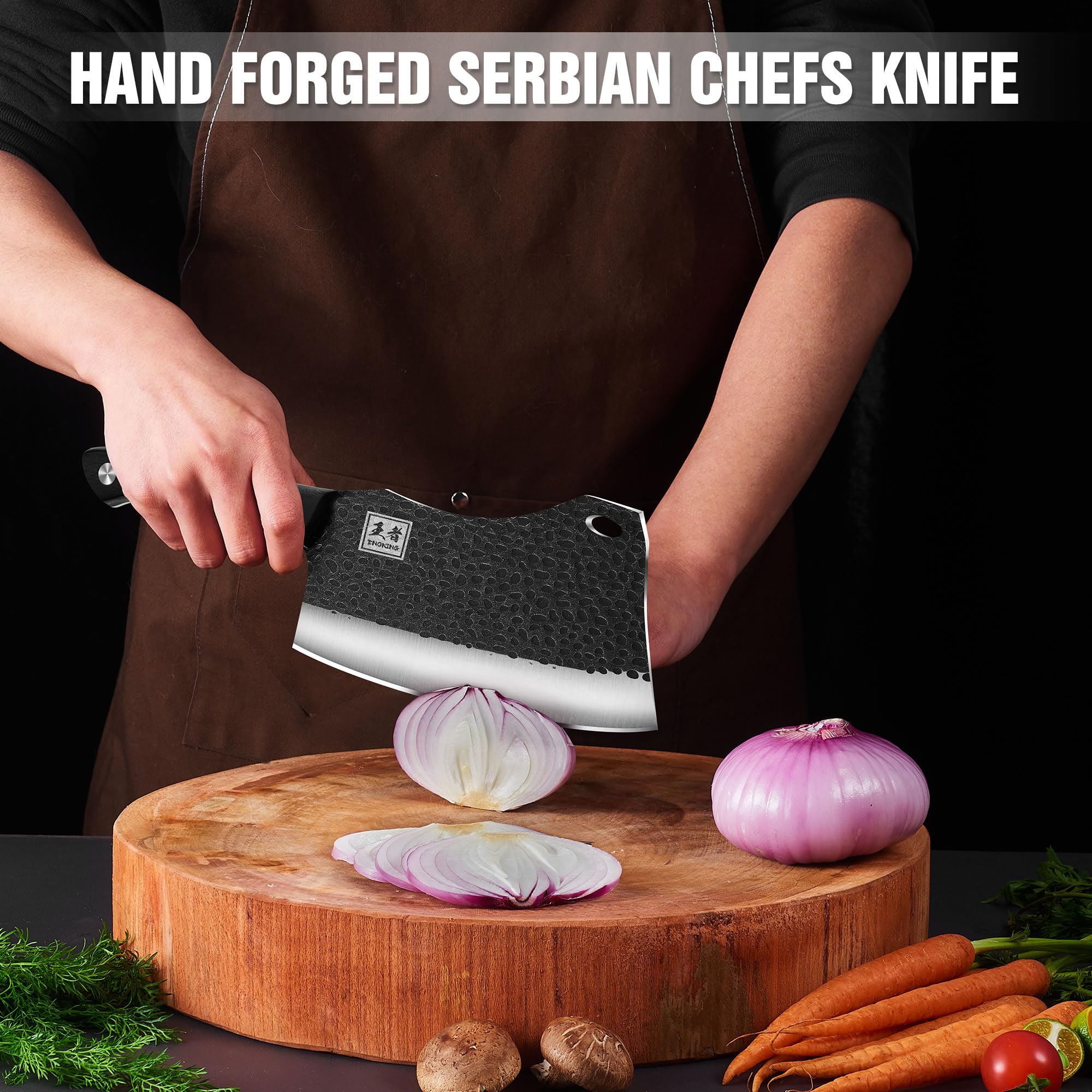 ENOKING 7.1″ Butcher Knife & Chef’s Knives – Hand Forged High Carbon Stainless Steel, Full Tang Meat Cleaver for Kitchen & Outdoor Meat Cutting