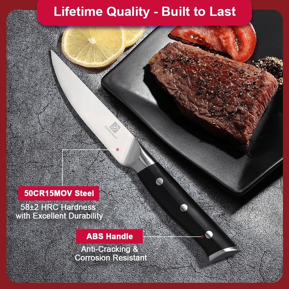 Steak Knives,4.5 Inch Steak Knives Set of 8, Micro-Cutting Point Serrated Edge, Very Sharp Steak Knife, Dishwasher Safe, 50CR15MOV Stainless Steel, Handle Ergonomic And Full Tang Design With Gift Box