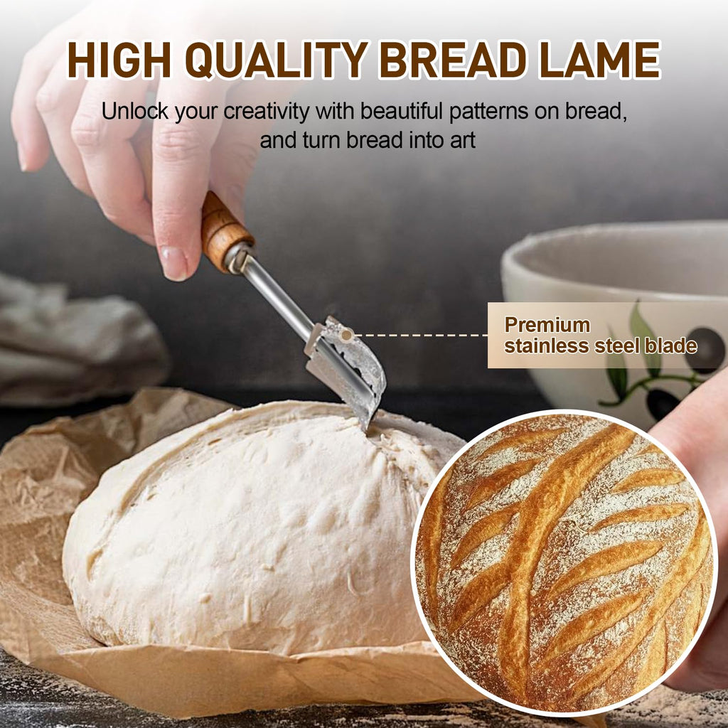 Banneton Bread Proofing Basket, Sourdough Starter Kit, 9" Round Sourdough Bread Baking Supplies with Dough Whisk, Bread Lame, Brush, Scrapers, Flour Duster & Stencils, Bread Making Tools Gift Set
