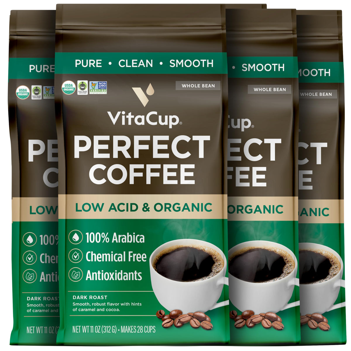VitaCup Perfect Low Acid USDA Organic Coffee Beans, Fair Trade, 11oz