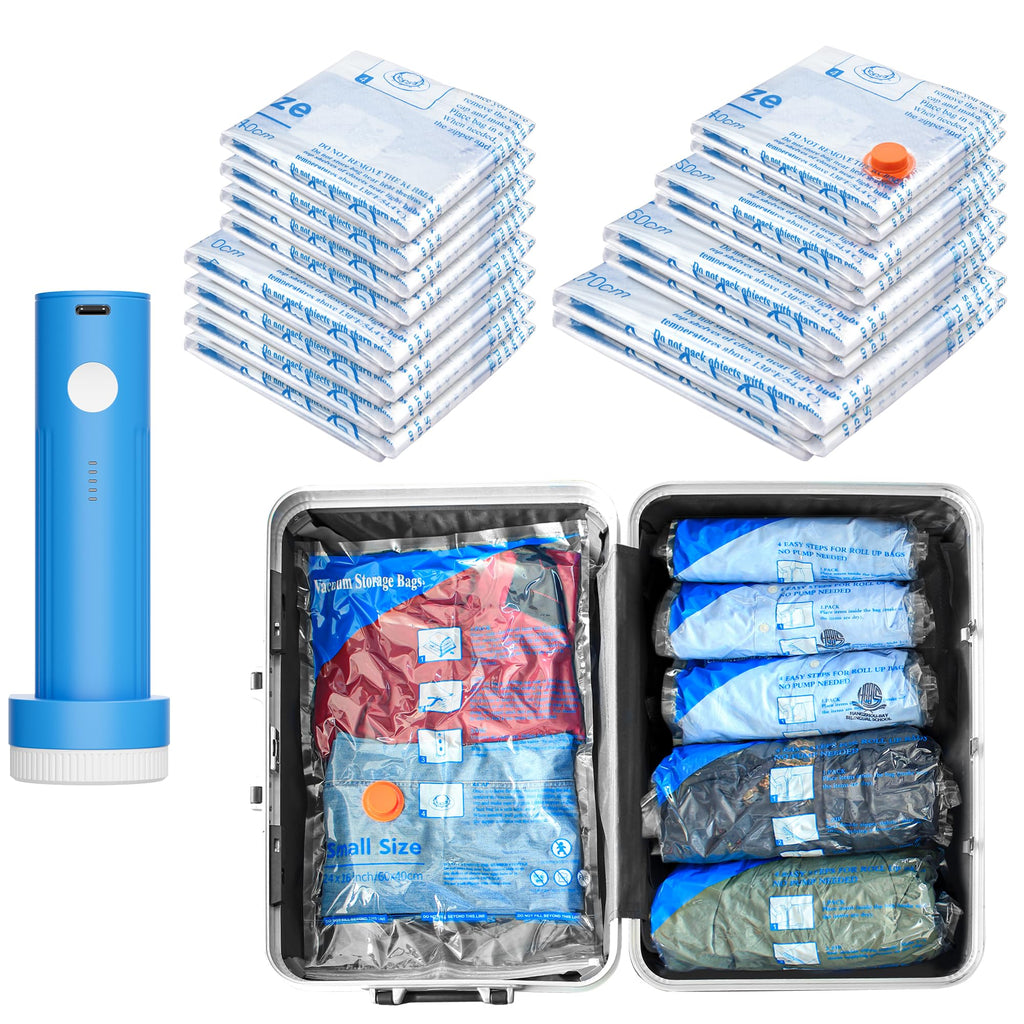 Vacuum Seal Bags for Clothing Travel & Home Storage, travel vacuum bags with pump, Store Blankets, Comforters, Pillows, Seasonal Clothes Compactly,16 Pack With Electric Pump