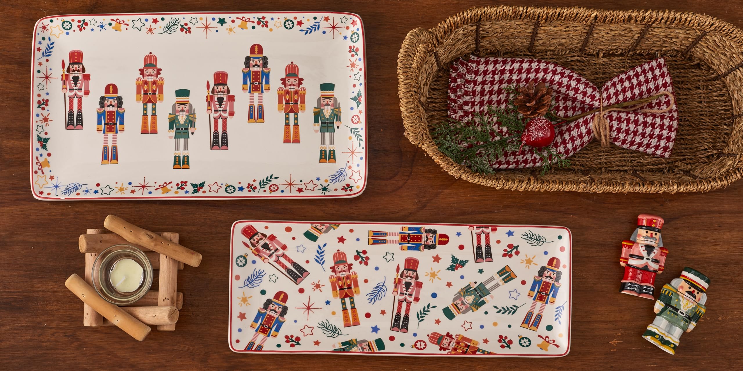 Bico Christmas Soldier Ceramic Rectangular Serving Platters Set of 2, 14 Inch, Microwave & Dishwasher Safe, Large and Medium Platters for Appetizers, Cheese, Salad, Pasta