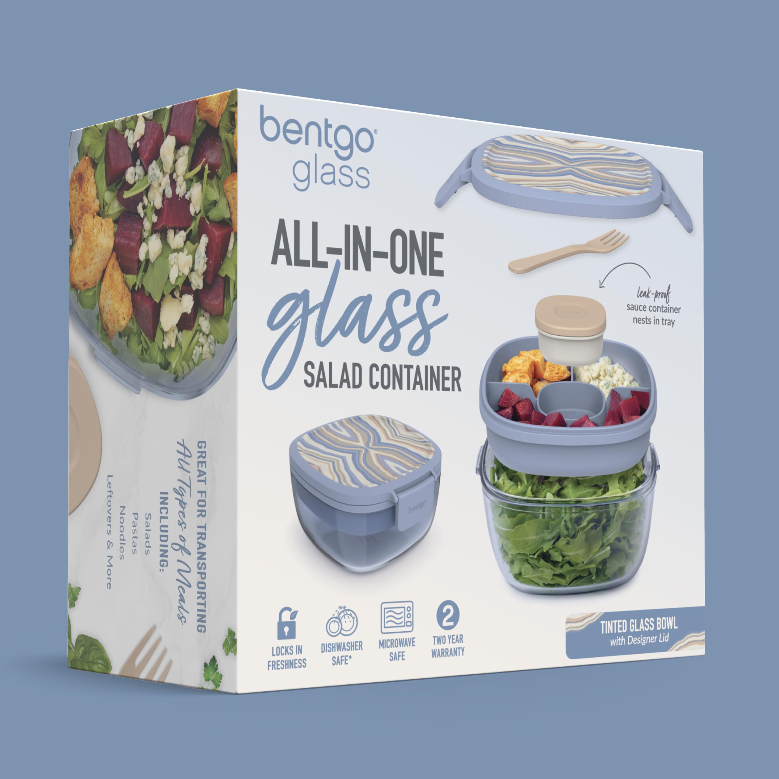 Bentgo Glass Prints Salad Container - 7.6-Cup Tinted Glass Salad Bowl with Airtight Lid, Leak-Proof Sauce Container, 4-Compartment Bento Meal Prep Tray & Reusable Fork (Wildly Chic - Soft Blue)