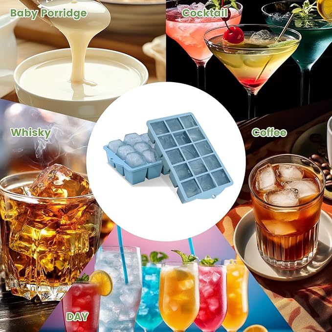 FANYITY Silicone Ice Cube Trays 2-Pack with Locks lids,Easy Release Ice Molds for Freezer,Perfect for Cocktails, Whiskey, Coffee