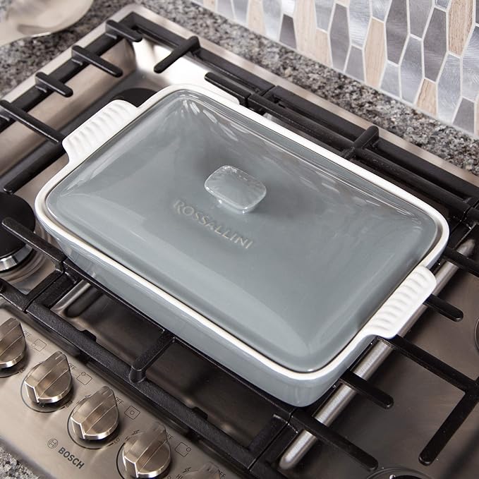 Stoneware Casserole Dish Bakeware Set with Lid, Covered Rectangular Dinnerware, Extra Large 4.23 Quart, 13 by 9 Inch, Grigio [Grey]
