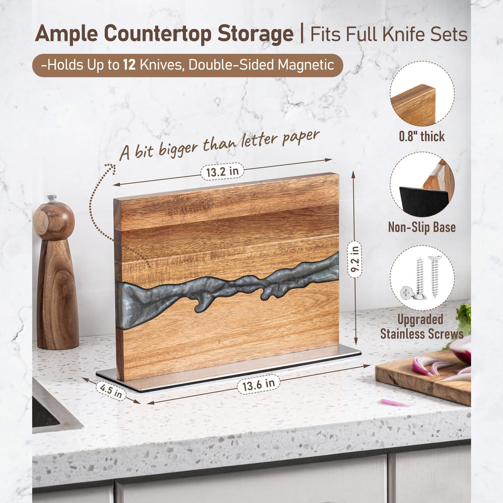 Magnetic Knife Block for Countertop, Strong Magnetic Knife Holder Stand, Acacia Wood & Epoxy Resin Organizer for Kitchen Knives, Gift for Cooks