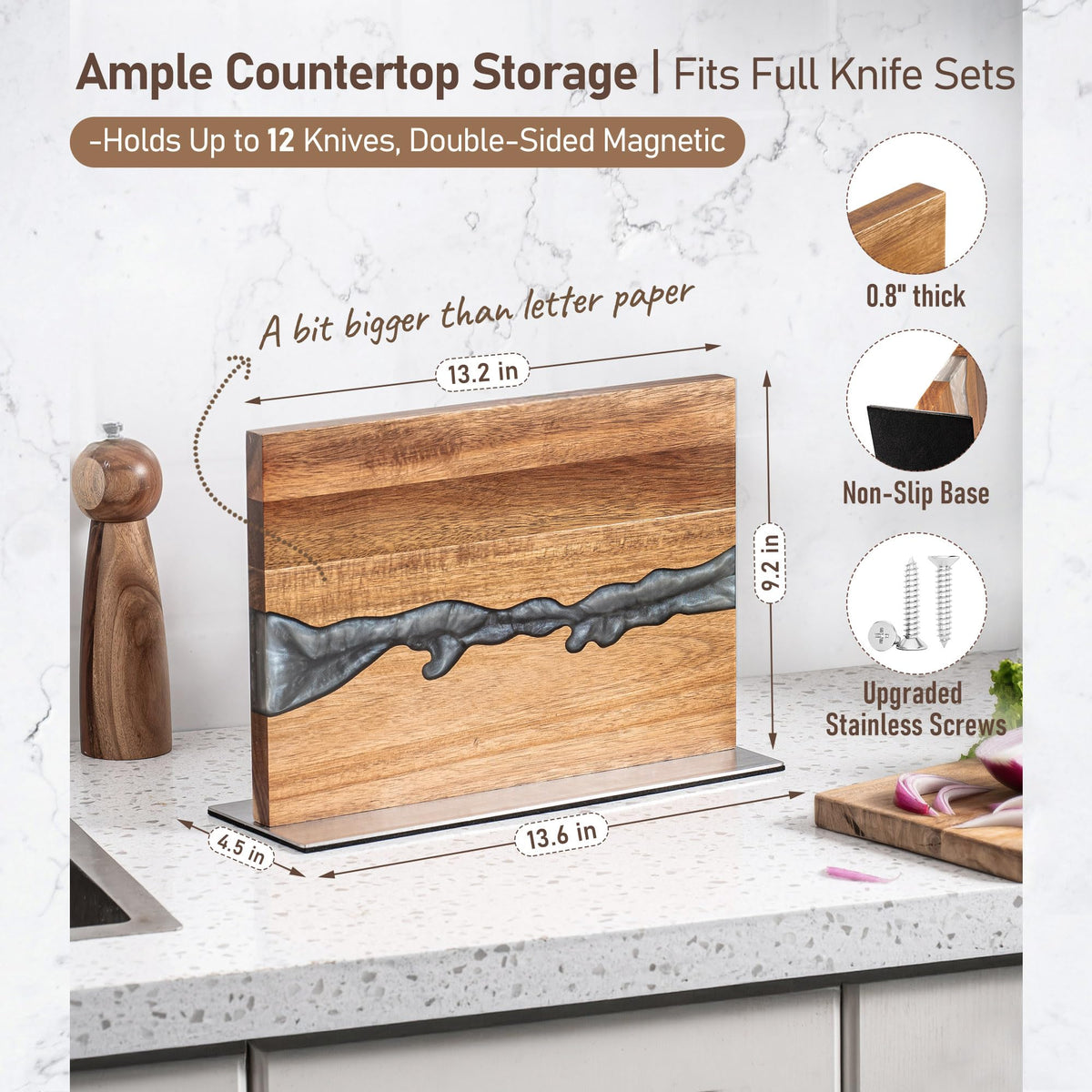 Magnetic Knife Block for Countertop, Strong Magnetic Knife Holder Stand, Acacia Wood & Epoxy Resin Organizer for Kitchen Knives, Gift for Cooks
