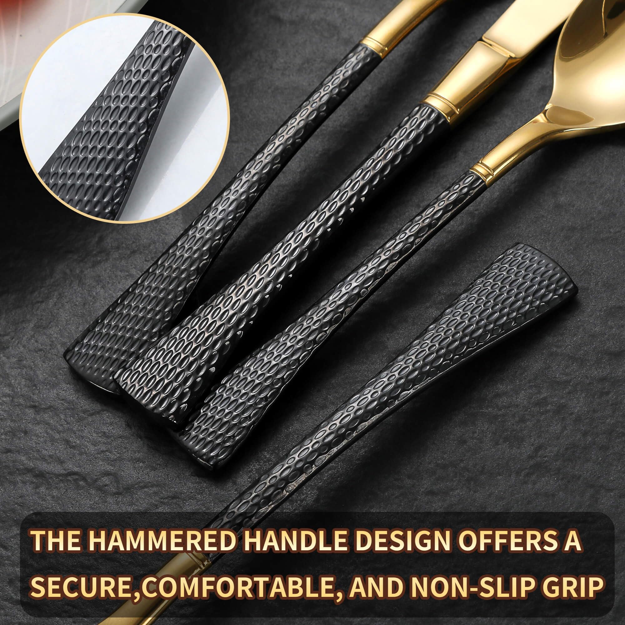 Lemeya Hammered Black Gold Silverware Set for 8,Stainless Steel 40-Piece Modern Cutlery Set,Mirror Polished Heavy Duty Flatware Set Utensil Set,Knives Spoons and Forks Set,Dishwasher Safe