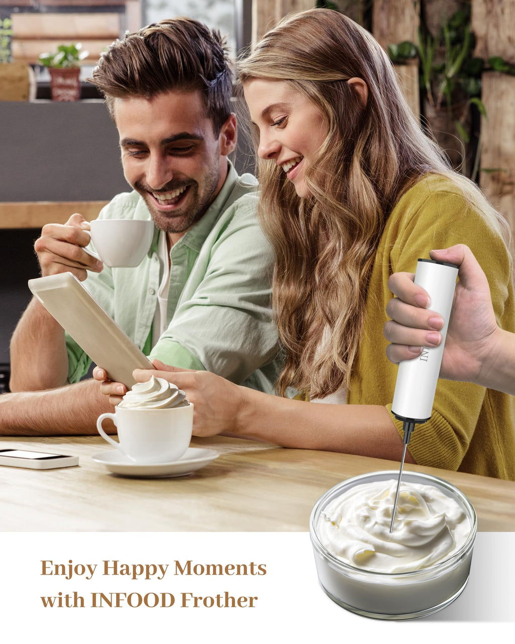 INFOOD Rechargeable Milk Frother with Cover, 2-Speed, 2 Whisks, White