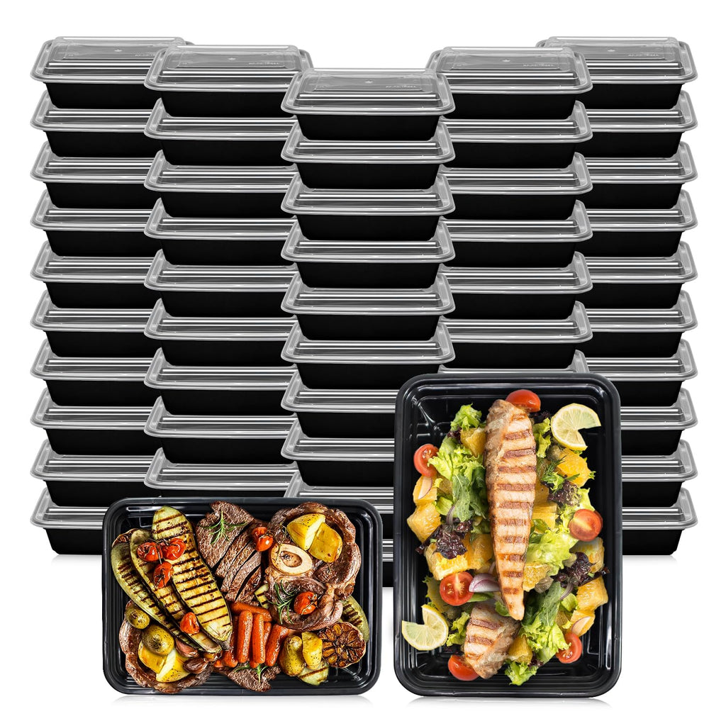 Klex 16 Oz, 50 Sets Meal Prep Containers with Airtight Lids, BPA Free, Reusable Plastic Food Container, 16 oz, Rectangular, Black/Clear, 50 Sets